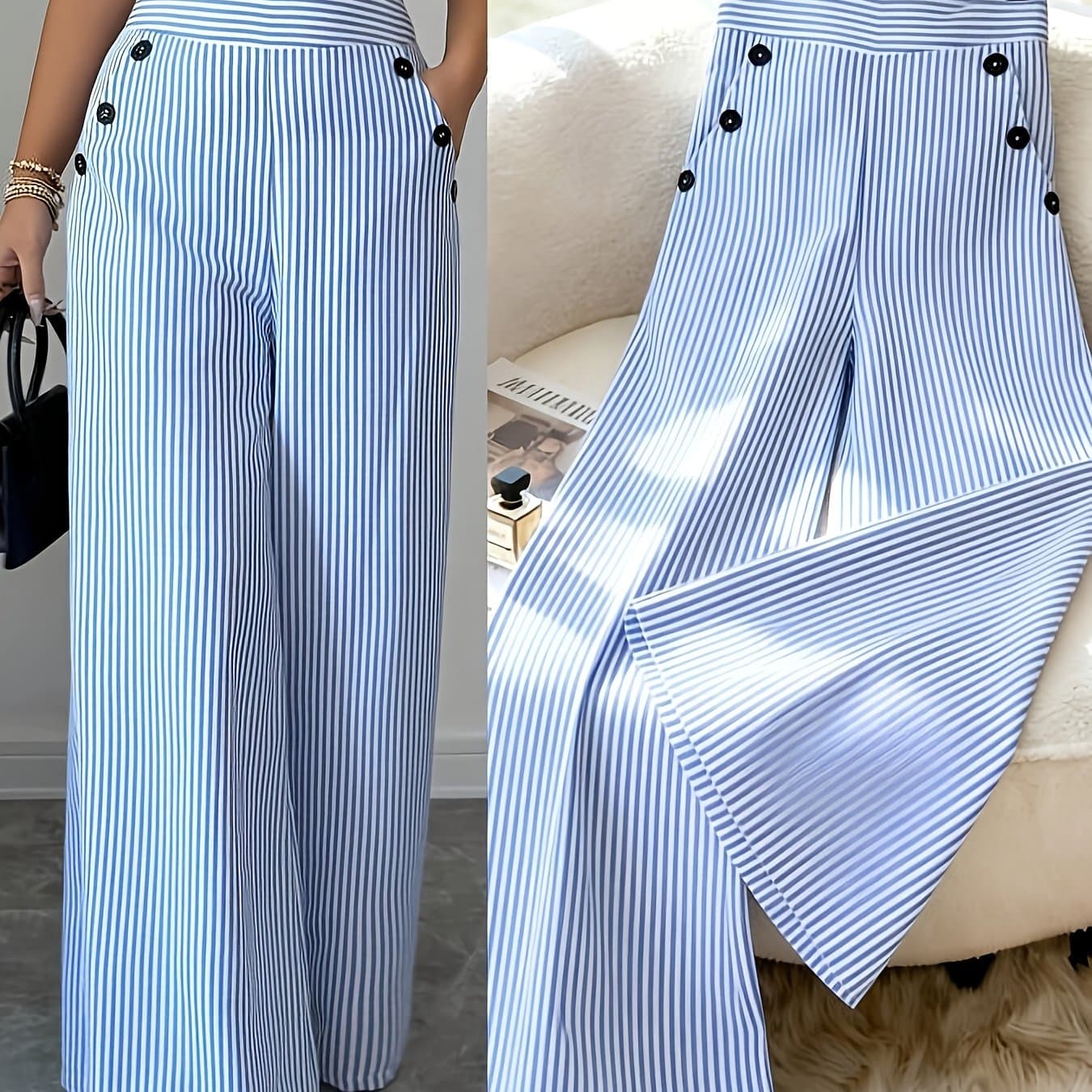 TEMU Women's New Trousers Spring And Summer Elegant Blue And White Striped Trousers, High Waist Straight Loose Casual Women's Pants