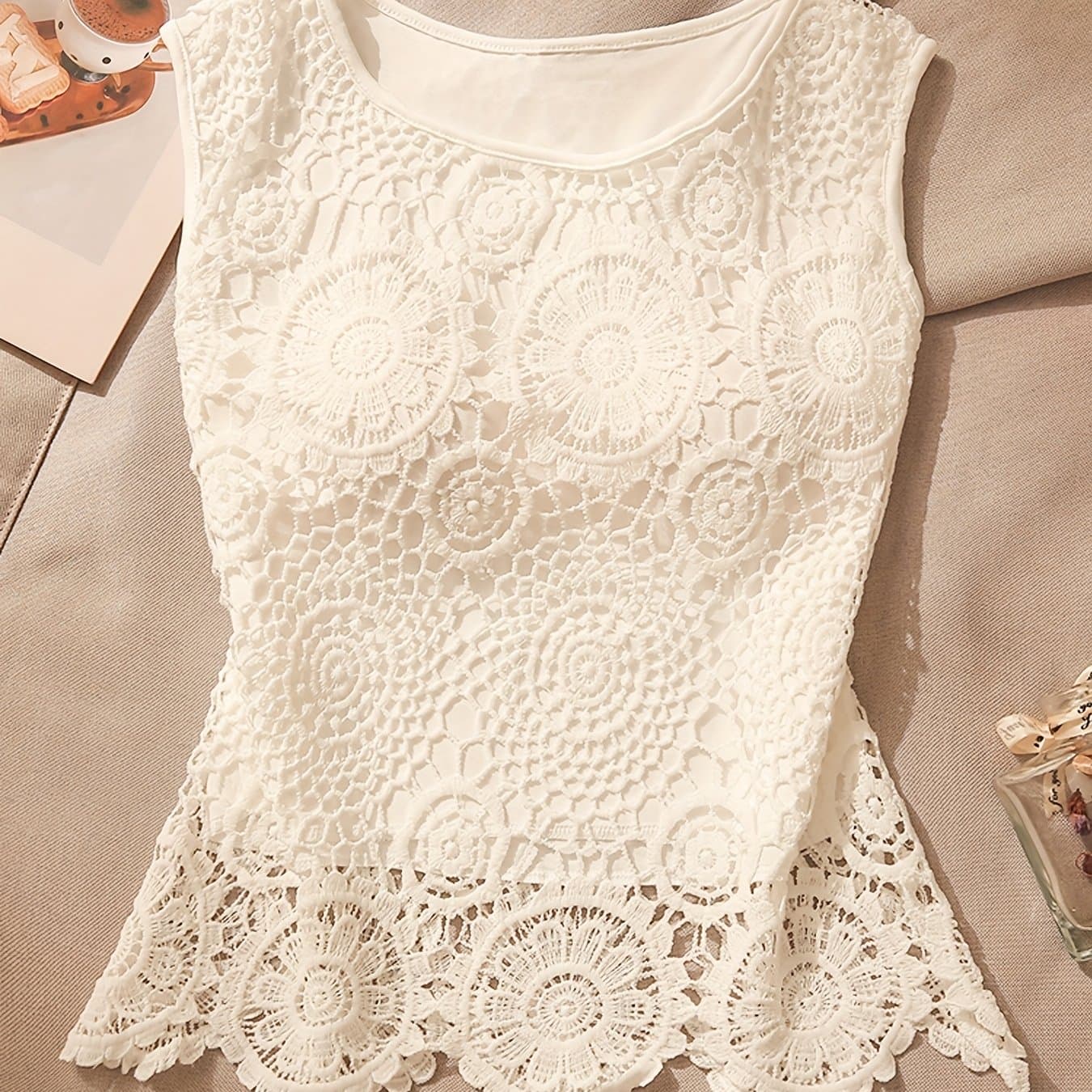 TEMU European And American Hollowed Out Round Neck Lace Camisole Vest For Women Wearing Loose And Sleeveless Tops