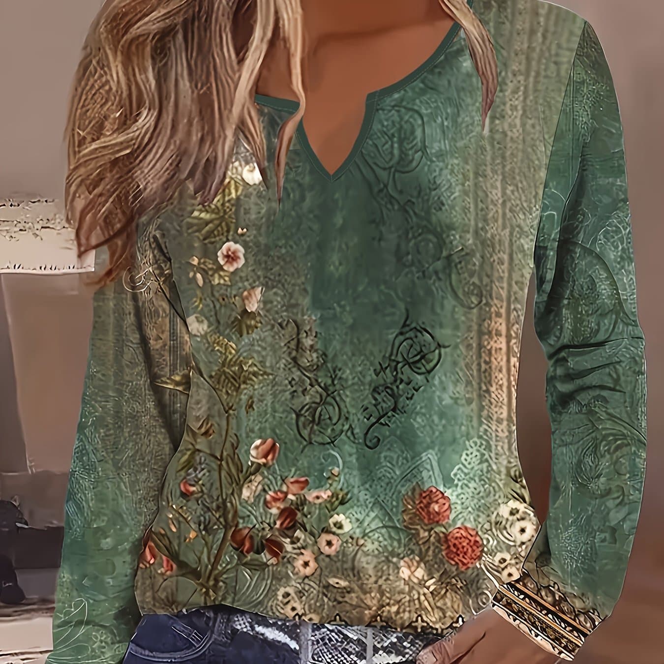 TEMU Women's Bohemian Floral Print V-neck Long Sleeve Tunic Top - Loose Fit Casual Shirt With Earthy Tones, Machine Washable & Medium Stretch For Spring Summer Fall, Floral Print Blouse