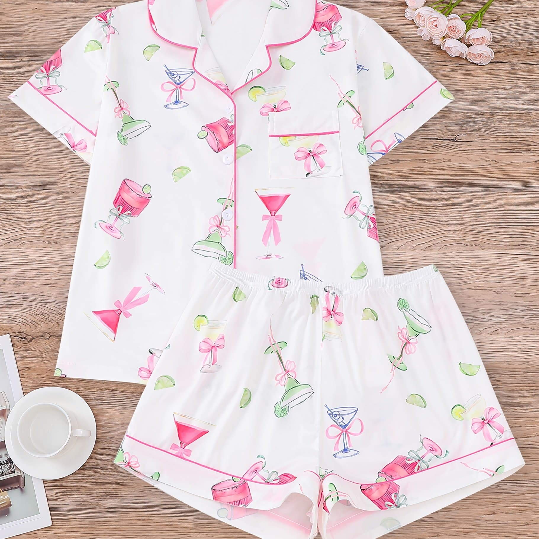 TEMU 2pcs Cute Women's Pajama Set, Short Sleeve Shirt With Collar And Buttons, And Loose Elastic Shorts, Beautiful And Fashionable Casual Wear, Holiday Sleepwear And Party Outfit