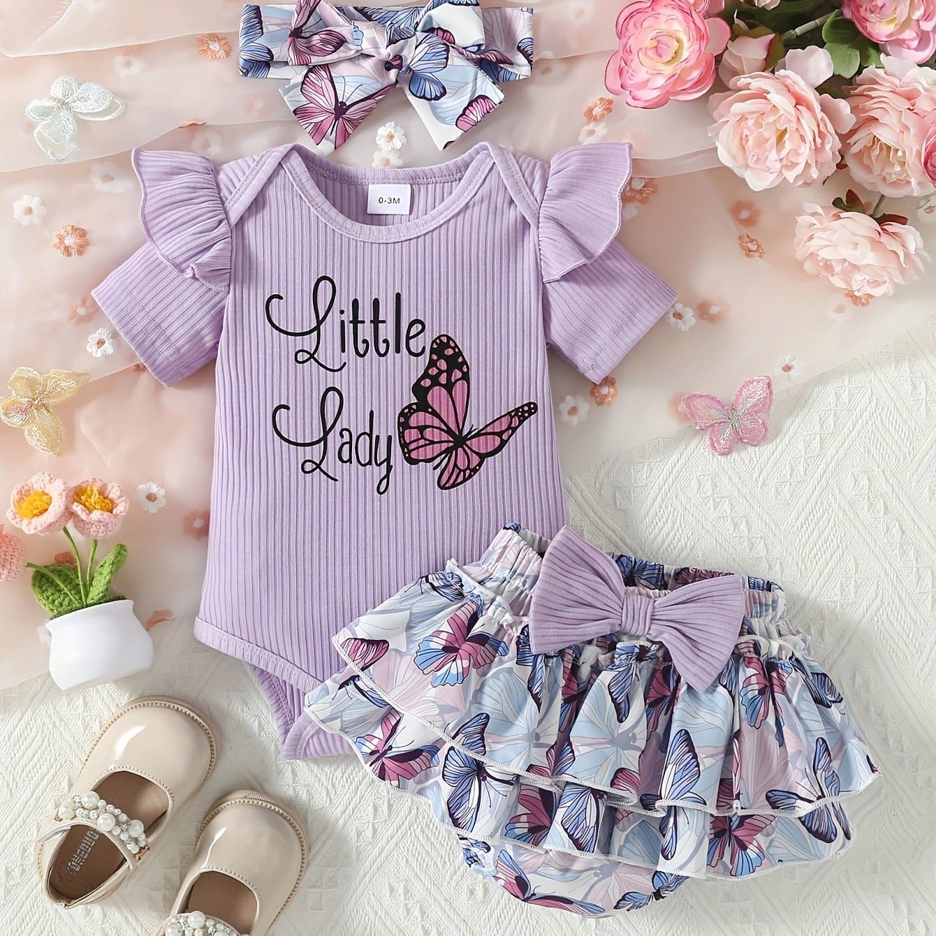 TEMU 3pcs Baby Girl Newborn Summer Printed Clothing Short Sleeve Pit Strip Shoulder Light Pants + Hair Band Set