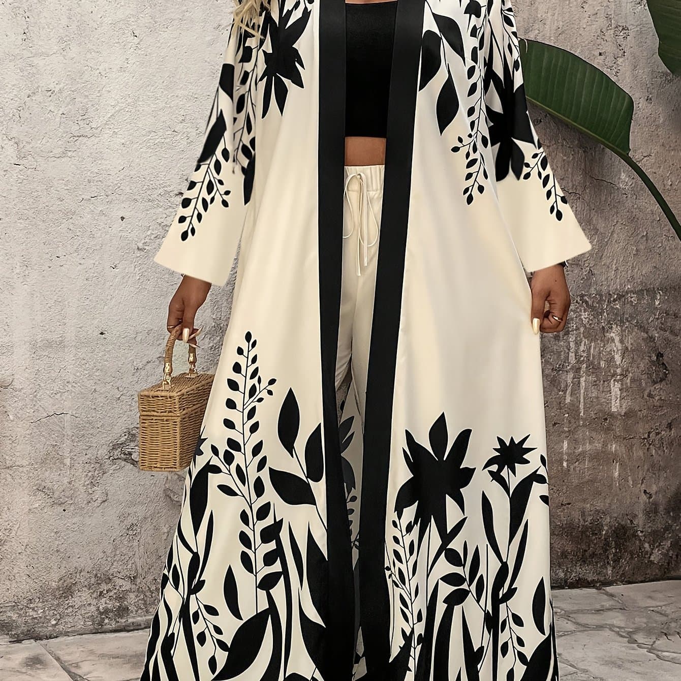 TEMU Plus Size, Plus Size Women's 2pcs Set: Printed Long Sleeve Top, Jacket & Casual Pants - Elegant Outerwear For Autumn/winter
