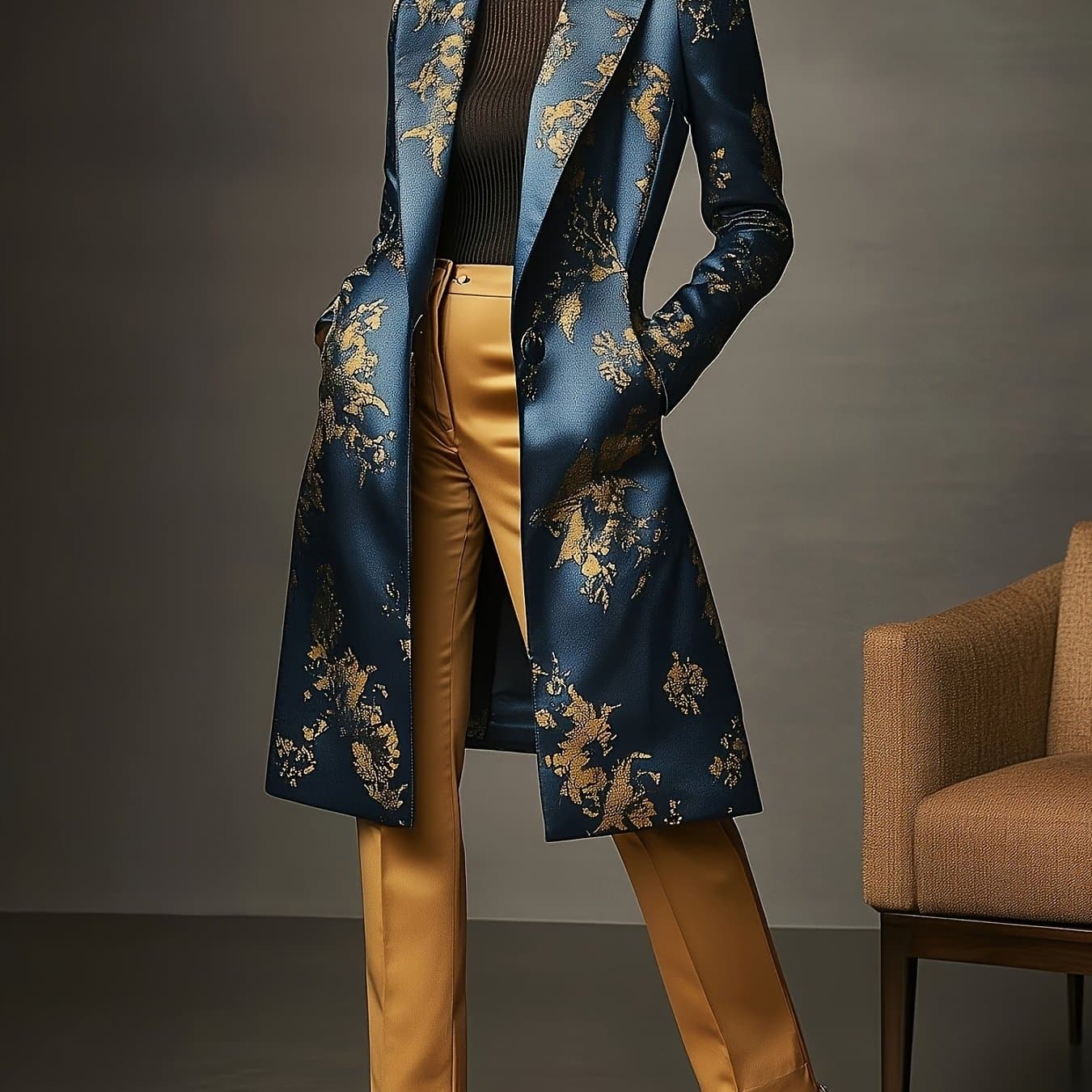 TEMU Elegant Fashion Casual Golden Floral Print Stain Overcoat, Baroque Style, Single Button Double Pocket Long Sleeves Long Blazer, Smooth And Delicate Feel, Suitable For Formal And Casual Occasions