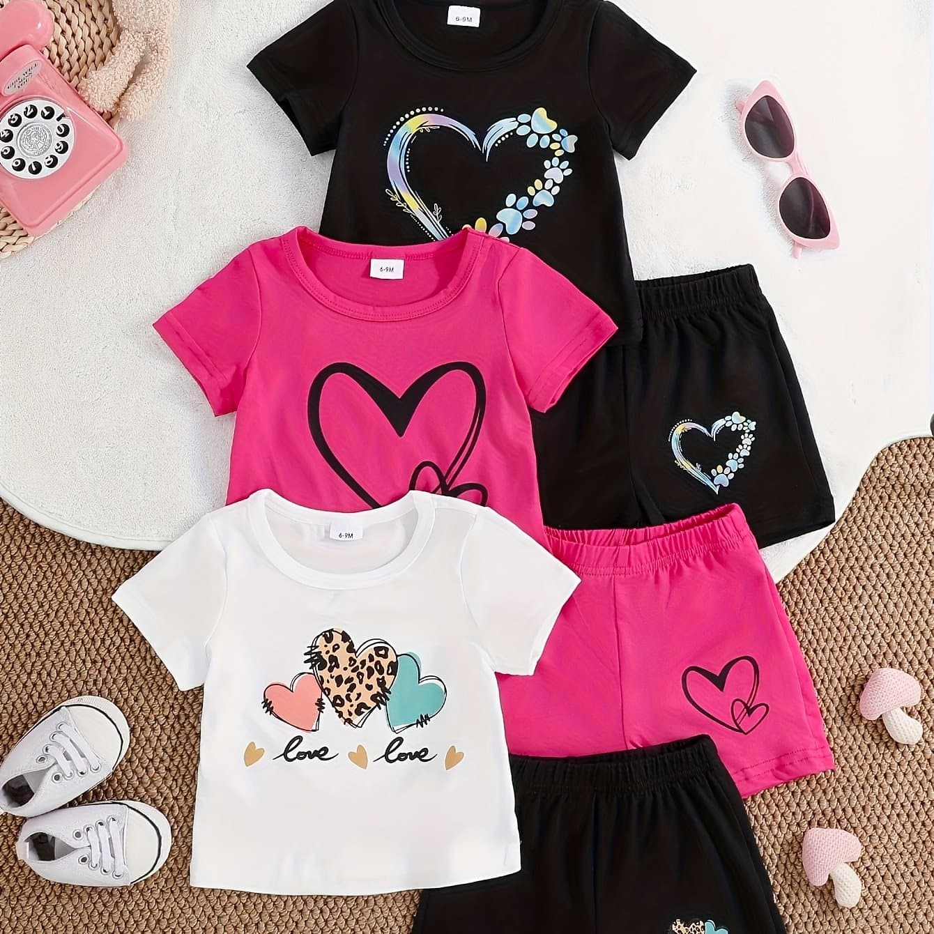 TEMU Directional Development Of Spring And Summer New Cute Love Letter Printed Short Sleeve Shorts Three-piece Set, For Outdoor