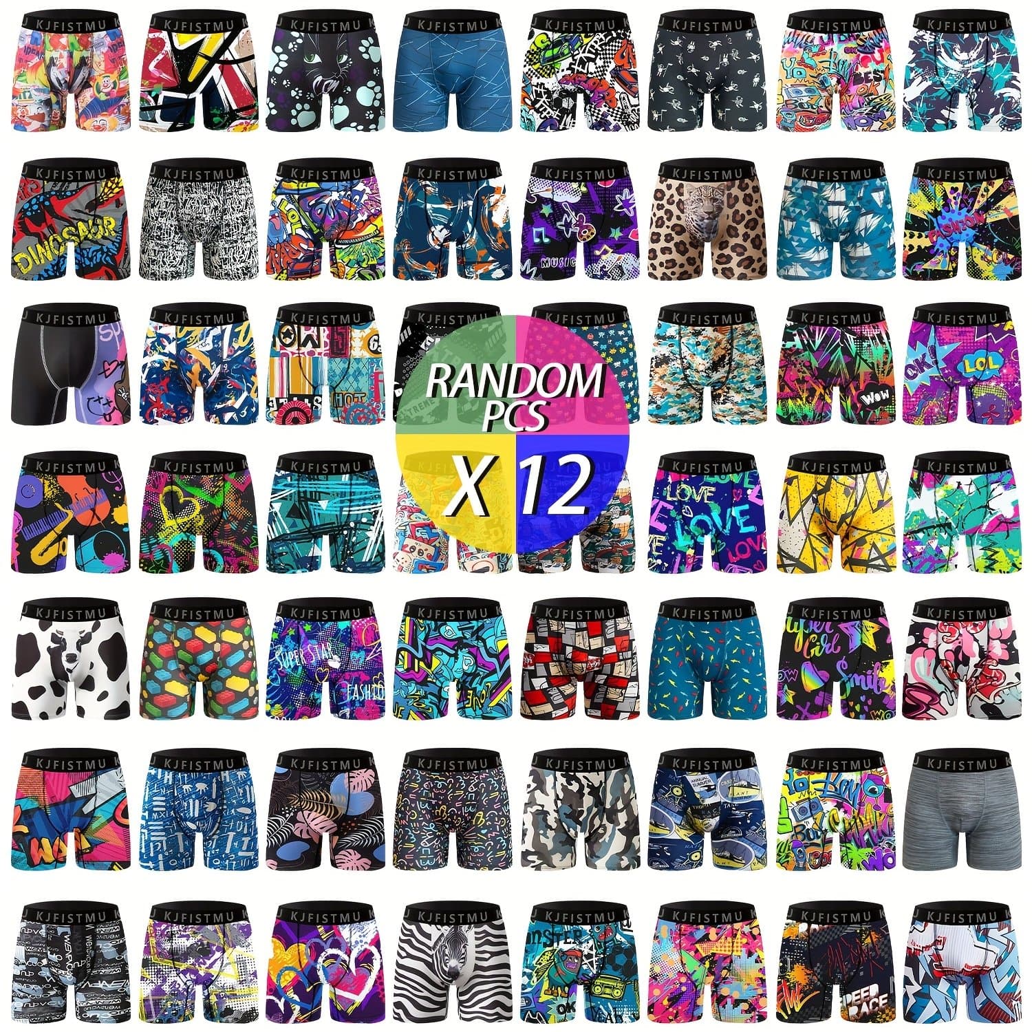 TEMU 12pcs Random Printed Men's Long Boxer Briefs, Fashion Graffiti Style High Elastic Underwear, Printed Sports & Cycling Shorts Underwear Boxer Shorts
