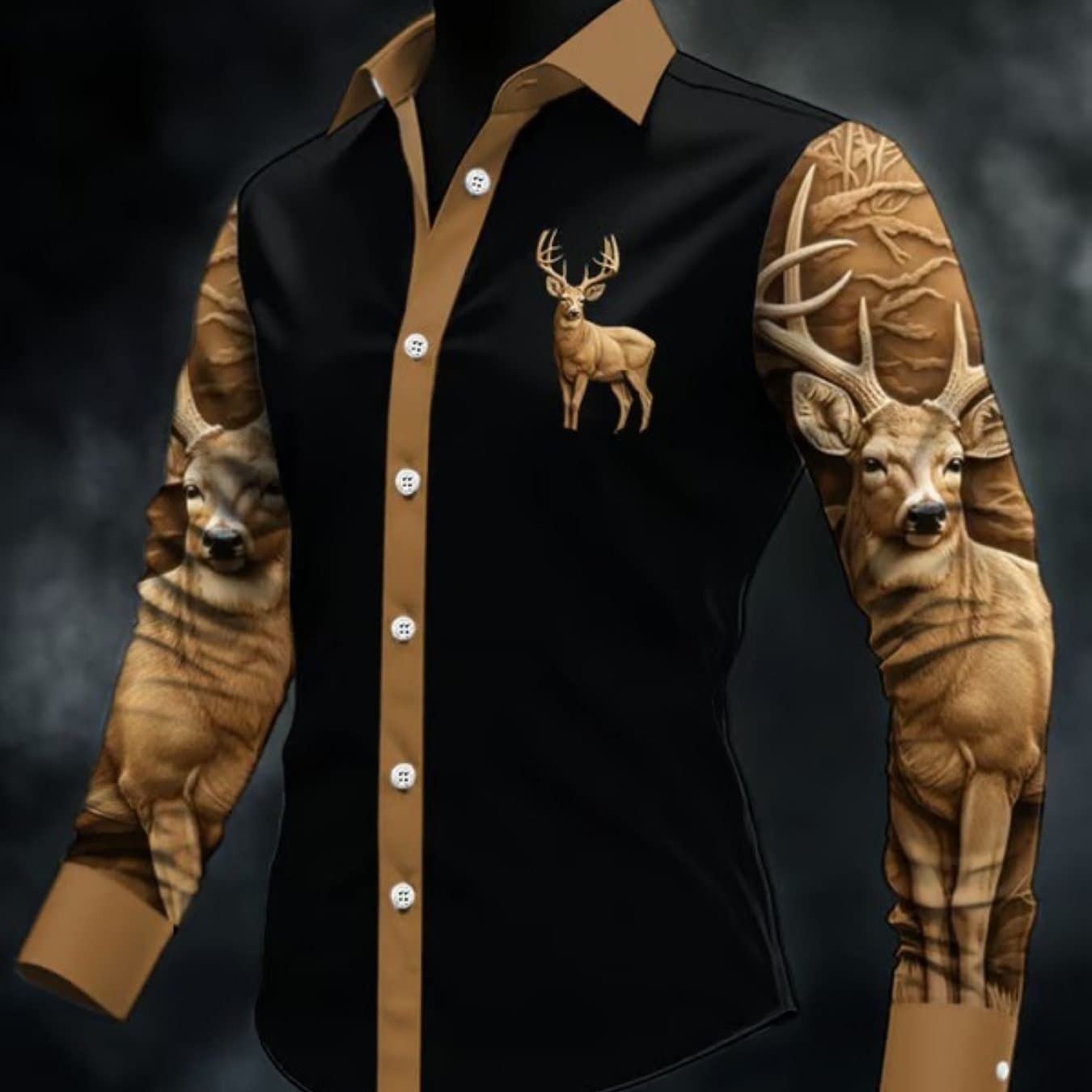 TEMU Men's Camouflage Deer Head Print Shirt | Textured Camouflage Long Sleeve Button Shirt, Lapel Collar, Regular Fit, High-quality Fiber, Suitable For Christmas Gifts, Outdoor And Casual Formal Wear