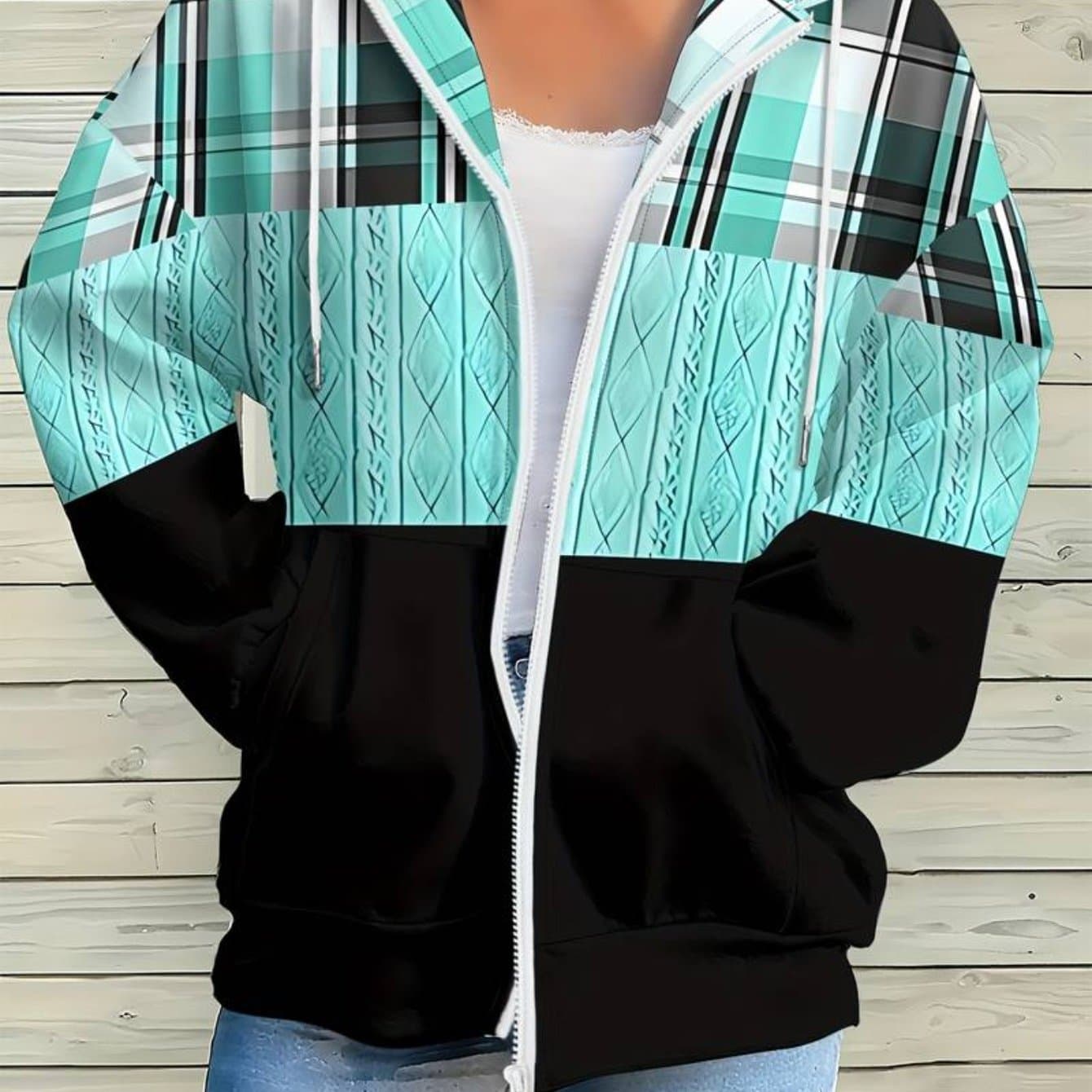 TEMU Plus Size, Women's 3d " Color Blocks"print Zip-up Hoodie Jacket - Casual Loose Fit Sweatshirt With Pockets, Long Sleeves, And Front Zipper Detail V-neck Design, The For Autumn And Winter.