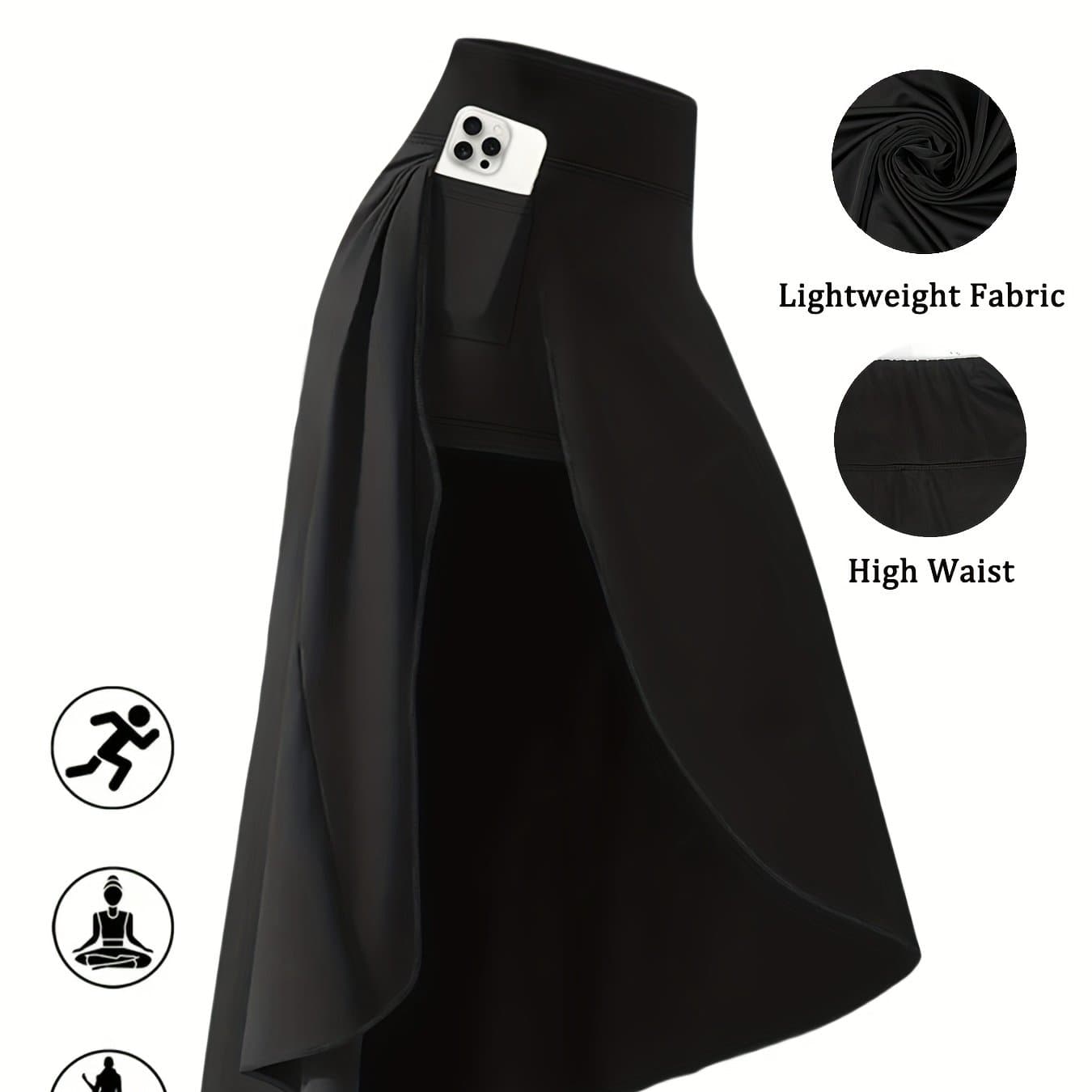 TEMU Plus Size High Waist Skort With Pockets - Stretchy Side Slit, Lightweight Long Culottes For Women | Beachwear, Summer Skirt (black/burgundy)