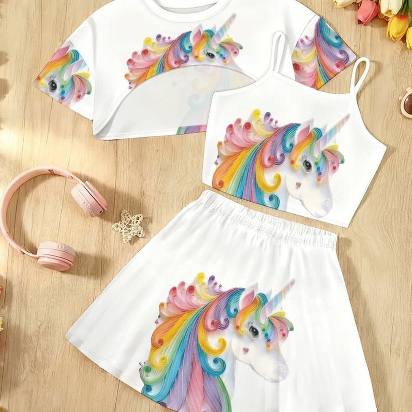TEMU Girls' 3pcs Set: Blouse, Jacket, And Skirt - Print Unicorn Cute Pattern Casual Outfit