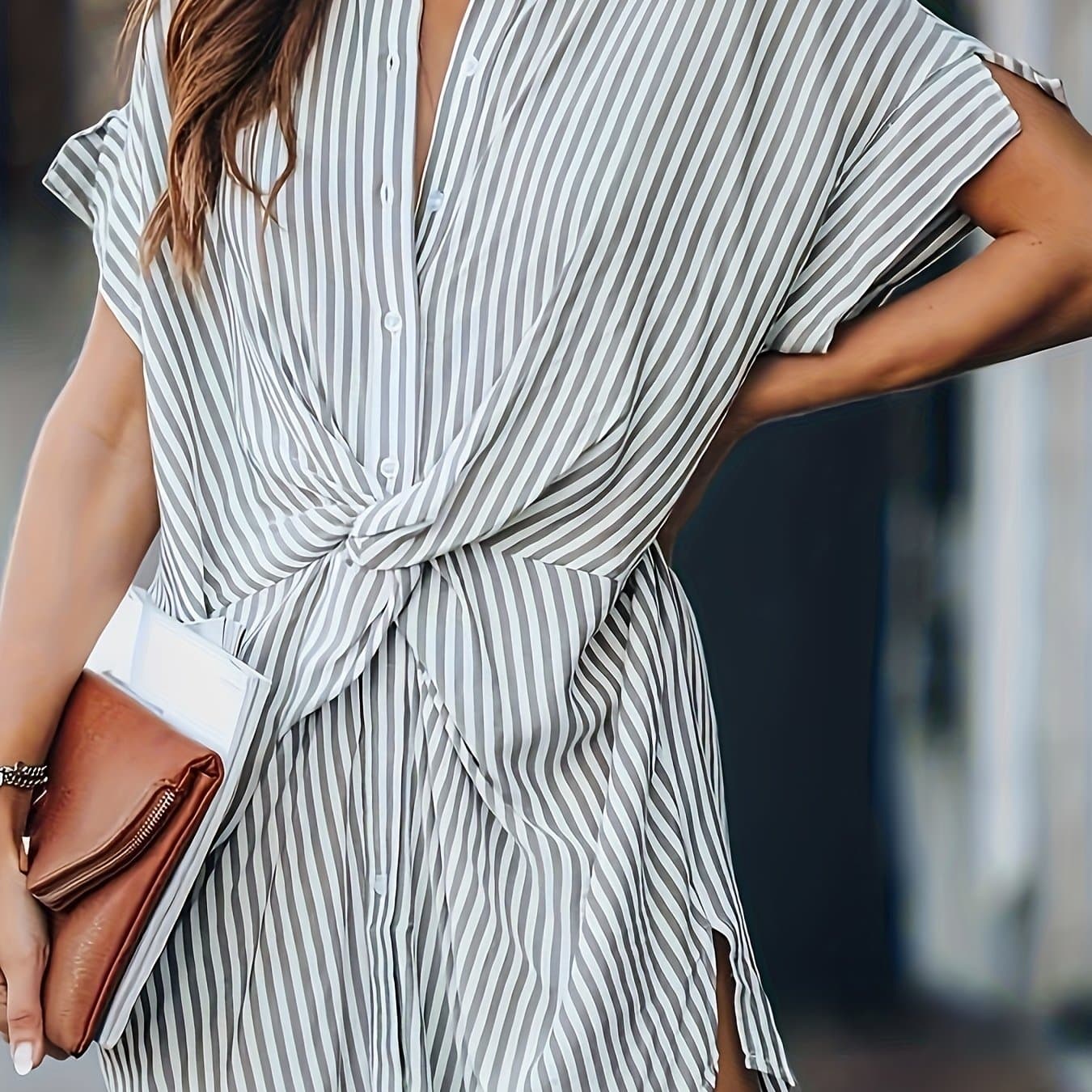 TEMU Summer Dress T-shirt Dress Striped Bow Waist Elegant Women's Dress