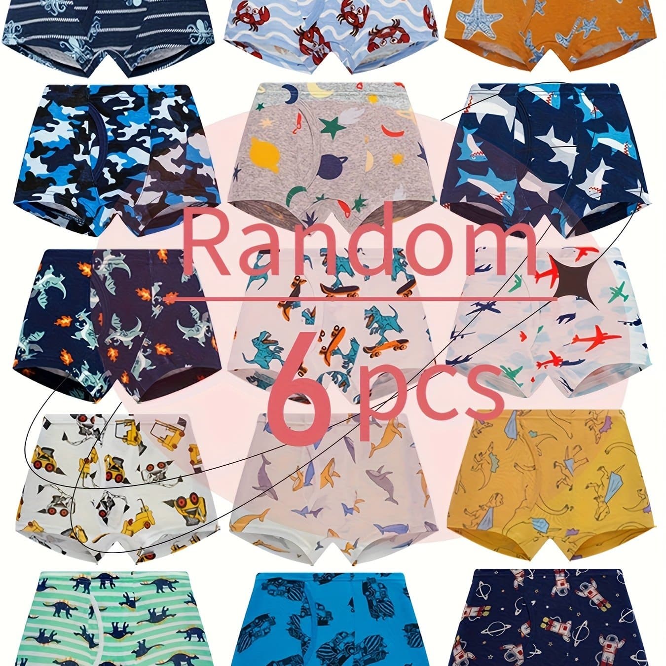 TEMU [random Send] Send 6 Comfortable And Breathable Boys' Flat Angle Underwear With Elements Such As Shark, Starfish, Crab, Dinosaur, Airplane, Camouflage, Engineering Vehicle, Etc. Size Rich