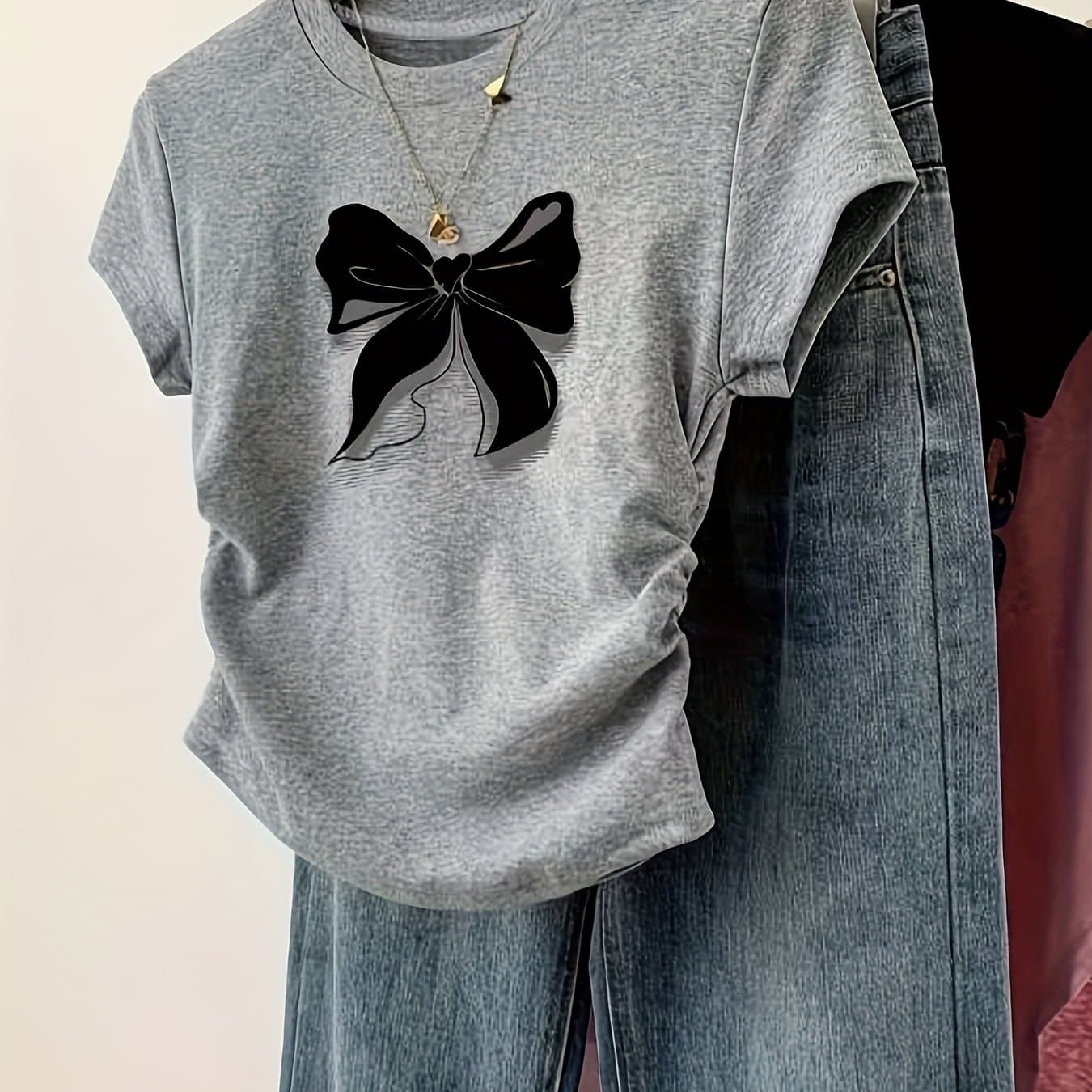 TEMU Summer New Korean Style Bow Print Irregular Design Waist-defining T-shirt