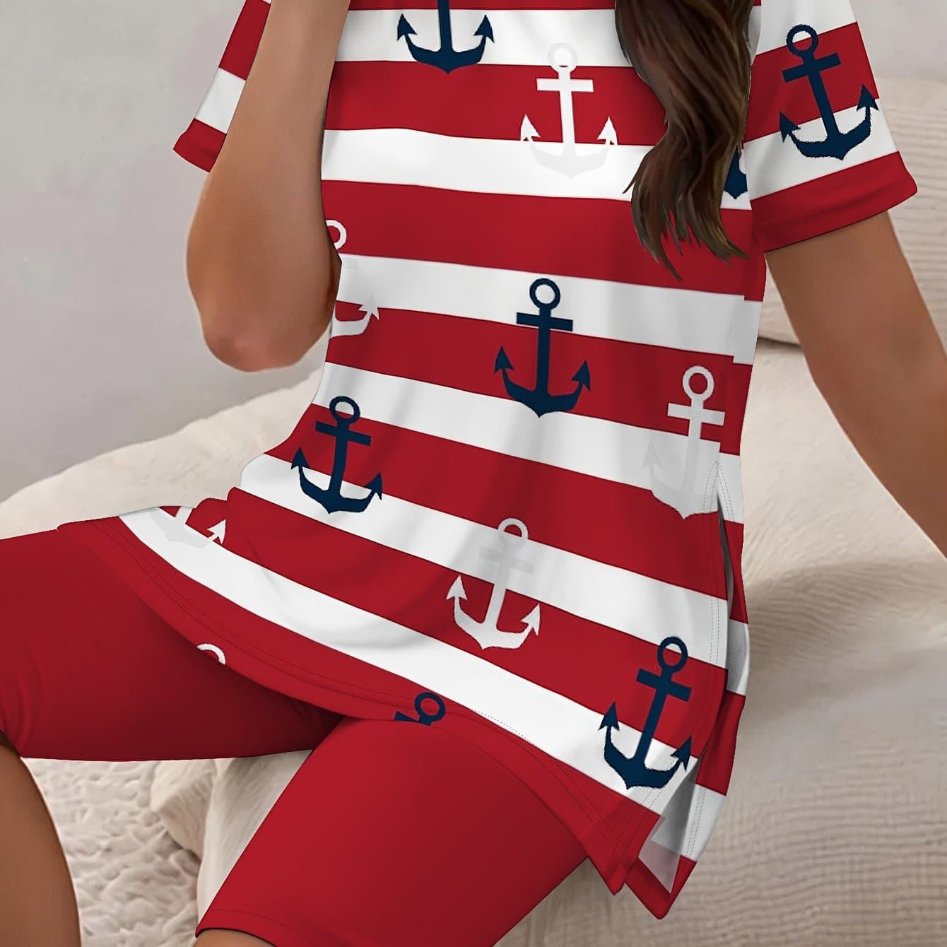 TEMU Plus Size - Plus Size - Plus Size Women's Casual Top And Short Shorts, Anchor Print, Round Neck, Short Sleeve, Side Slit - Comfortable Stretch Casual Wear