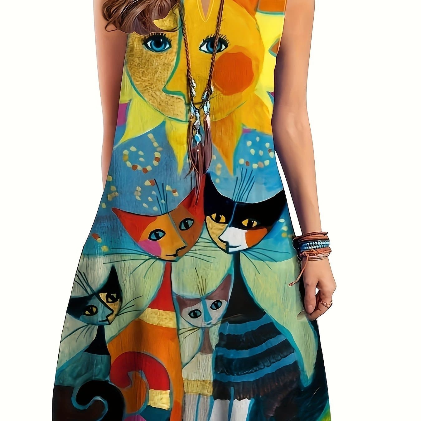 TEMU 2023 New European And American Cross-border Women's Dress, V-neck Sleeveless Sexy Printed Flared Midi Dress