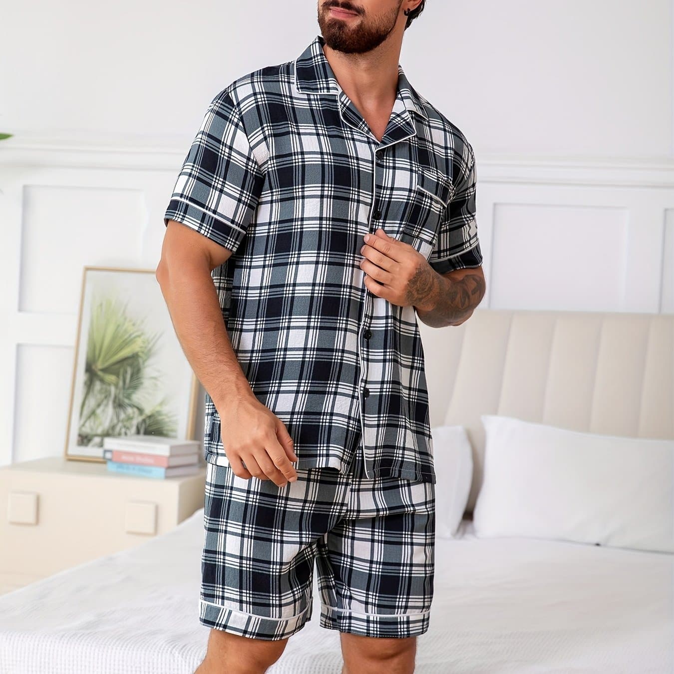 TEMU 2pcs Men's Print Short Sleeve Shorts Robe Set
