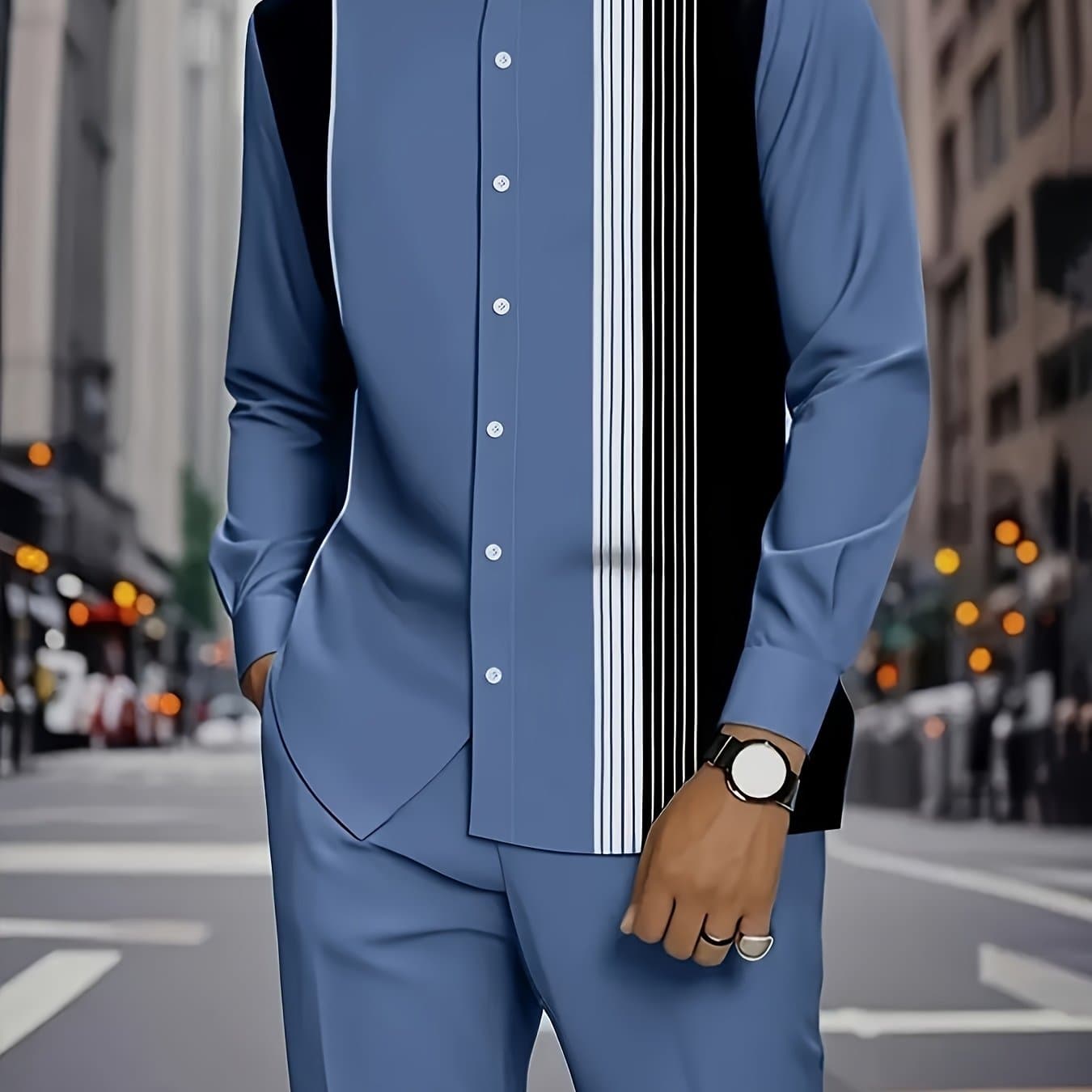 TEMU 2025 Autumn Black And Ethnic Style Men's Casual Shirt Suit, Fashionable Men's Small Collar Shirt Long Sleeve + Casual Comfortable Trousers, Suitable For Daily Life, Work, Party