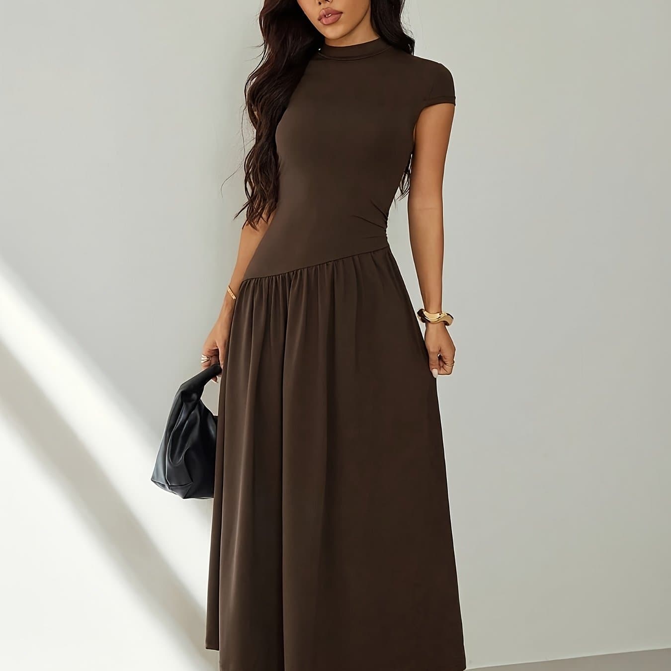 TEMU Women' Color Stand Collar Puff Sleeve Pleated Long Casual Dress, Summer Dress