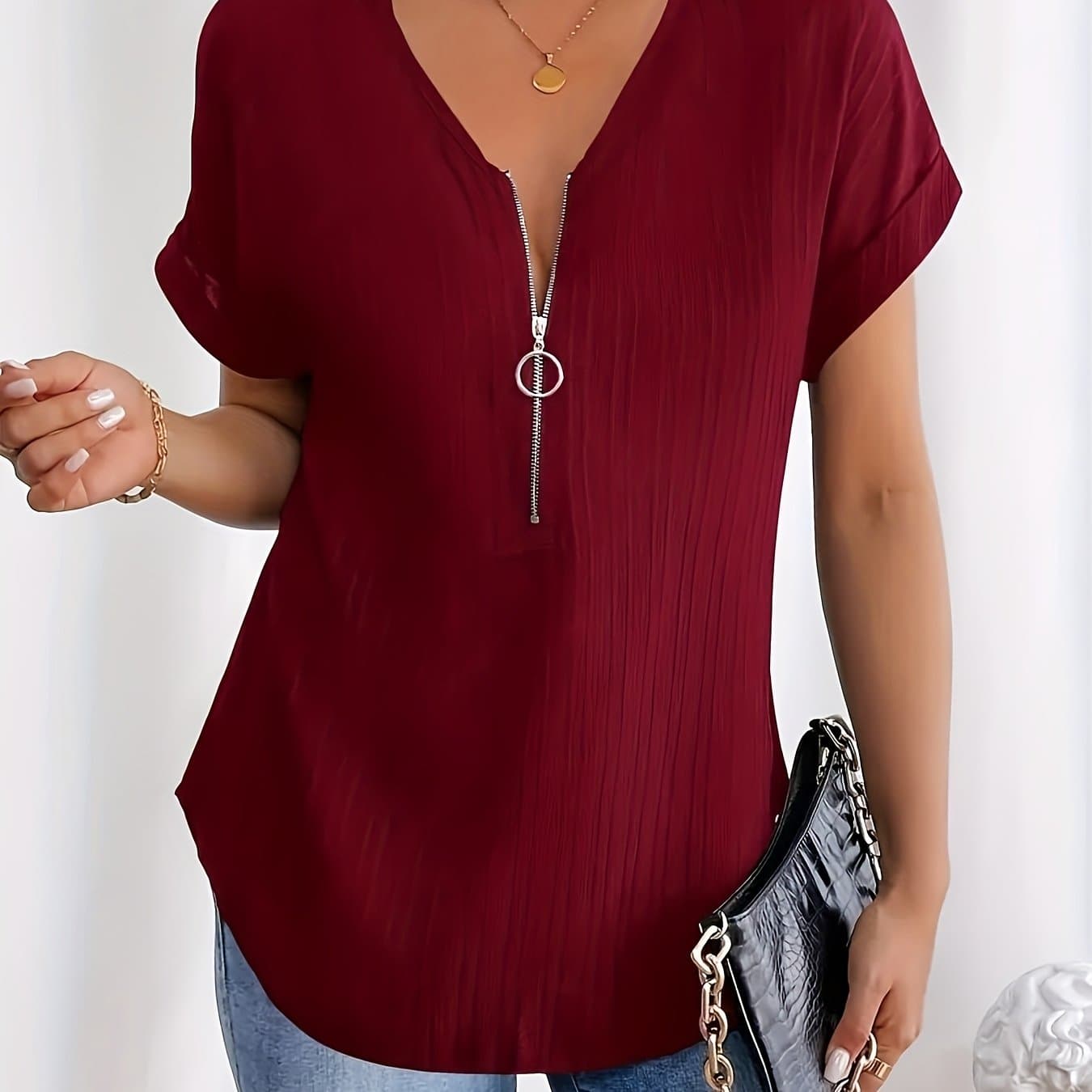 TEMU Wine Red Women's Casual V-neck T-shirt With Front Zipper Detail, Short Batwing Sleeves, 100% Polyester - Perfect For Spring, Summer & Fall
