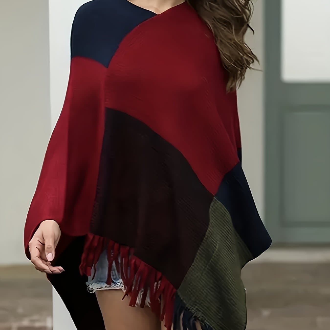 TEMU Plus Size - Plus Size - Plus Size Autumn And Winter Block Sweater Pullover Batwing Shirt Sweater Coat Women's Cloak Shawl