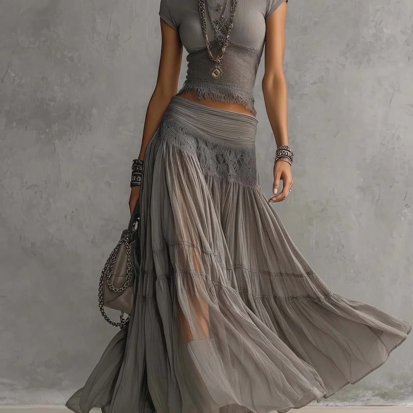 TEMU 2026 European & Women's 2pcs Set: Grey Top + Flowy Chiffon Maxi Skirt