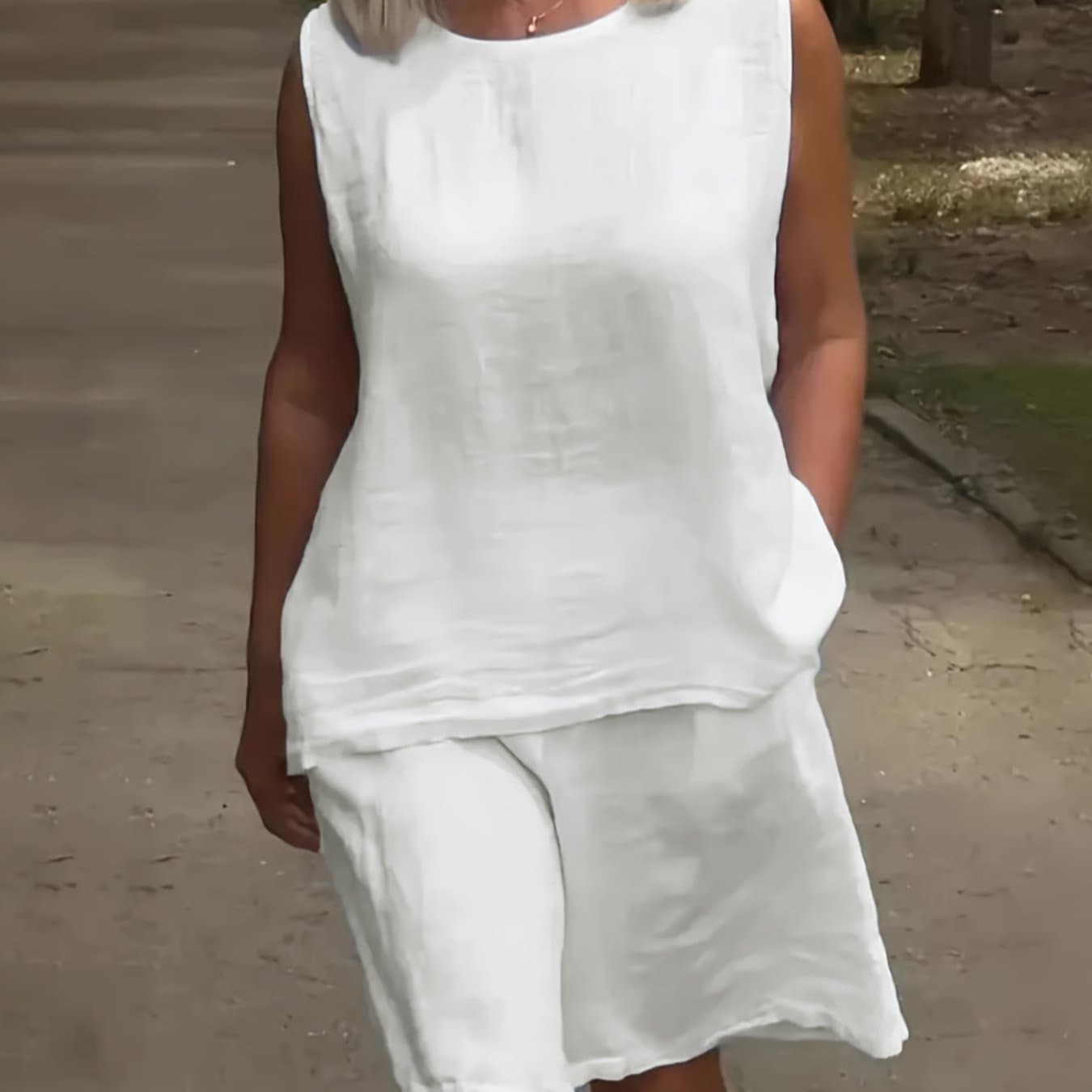 TEMU Spring/summer Women's Casual Fashion Elegant Solid Color Crew Neck Sleeveless Top Shirt & Pants Shorts Set, 2pcs Set, Outing, Vacation Trip, Daily Wear