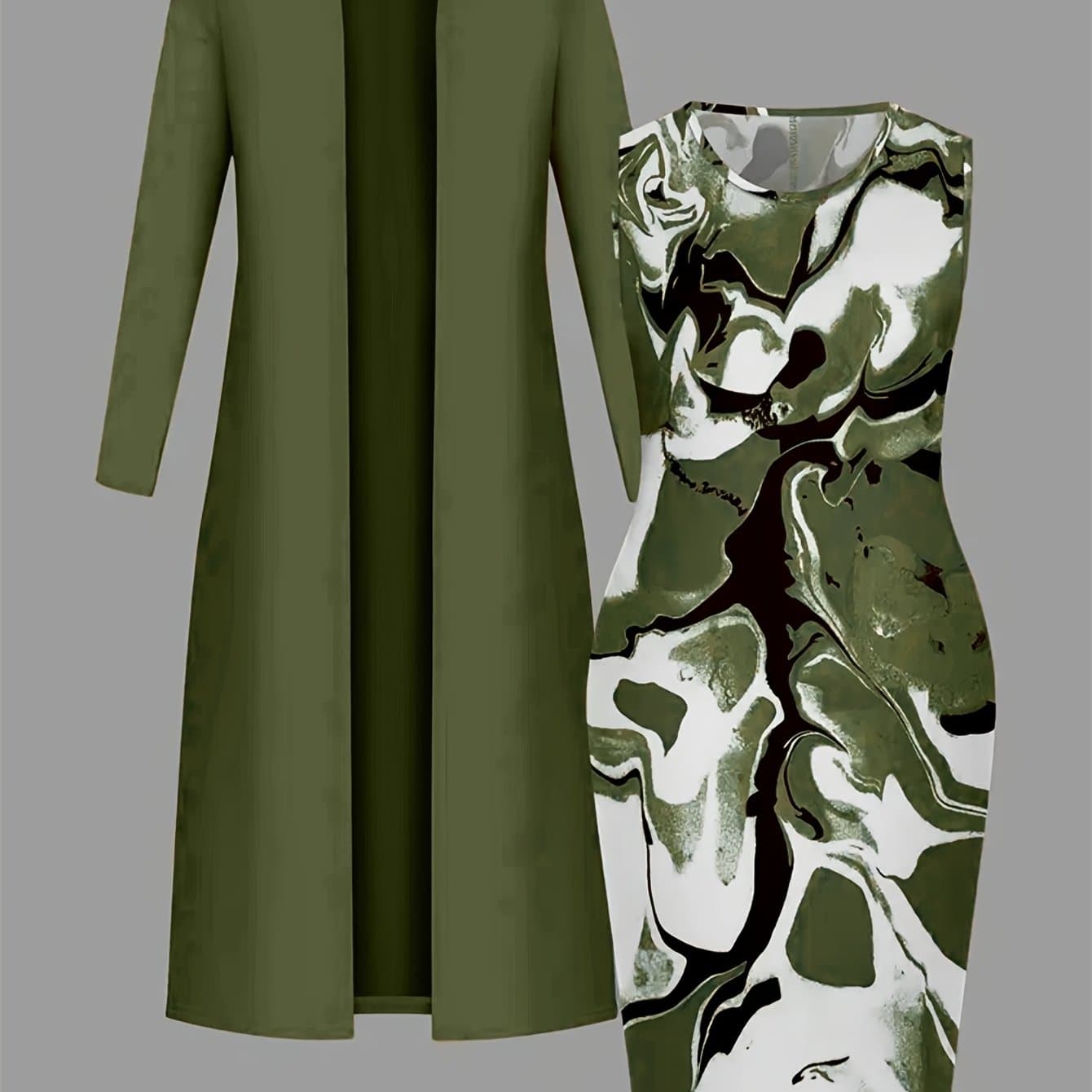 TEMU Two-piece Set: Long Khaki Cardigan + Gold-brown Marble Patterned Pencil Skirt For Women | Fashionable And , Suitable For The Workplace, Daily , And Other Occasions
