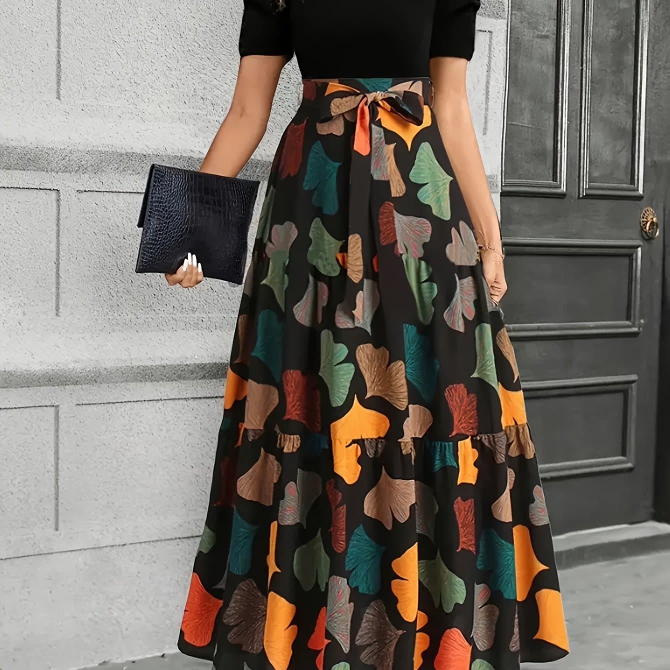 TEMU Elegant Women's Midi Dress With Geometric Print, Puff Sleeves, And Bow Detail - Suitable For Spring And Summer