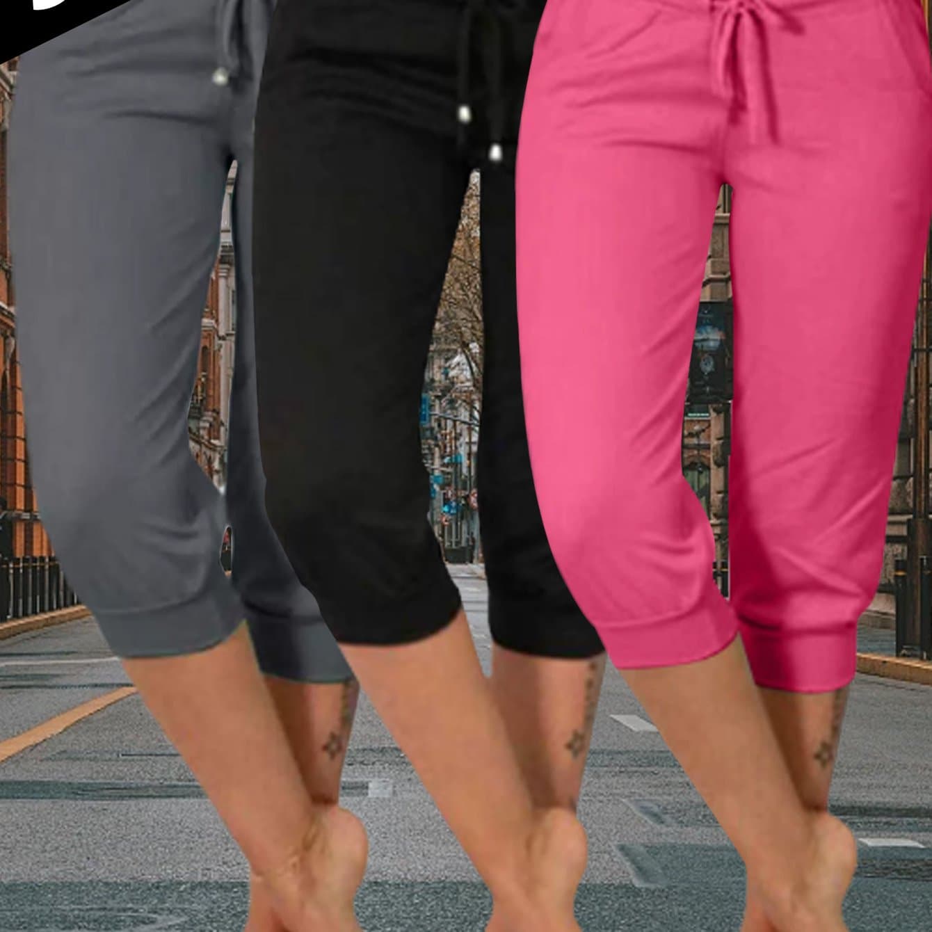 TEMU Foeieraa 3-pack Ladies' Slim Fit Joggers - High-waisted, 7/ 8 Length With Drawstring Pockets - Great For Fitness, & Loungewear