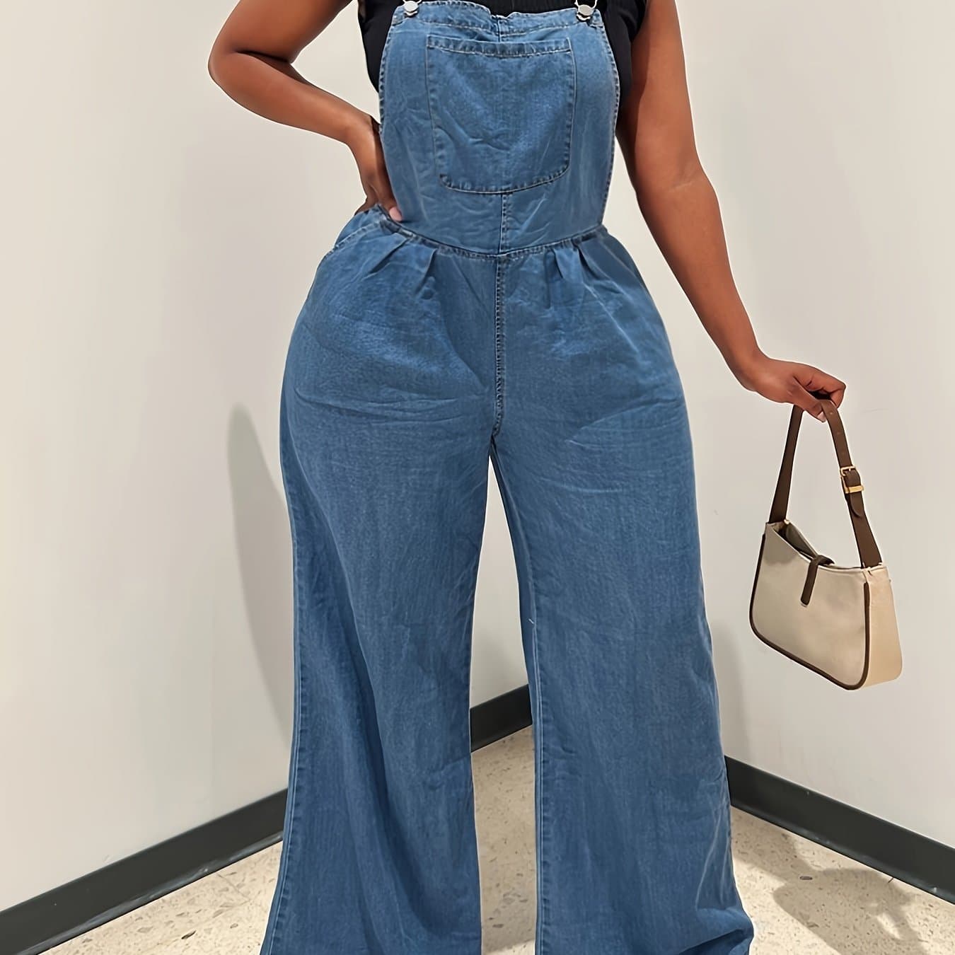 TEMU Cross-border European And Trend Ladies Jeans Straps Wide Leg Pants