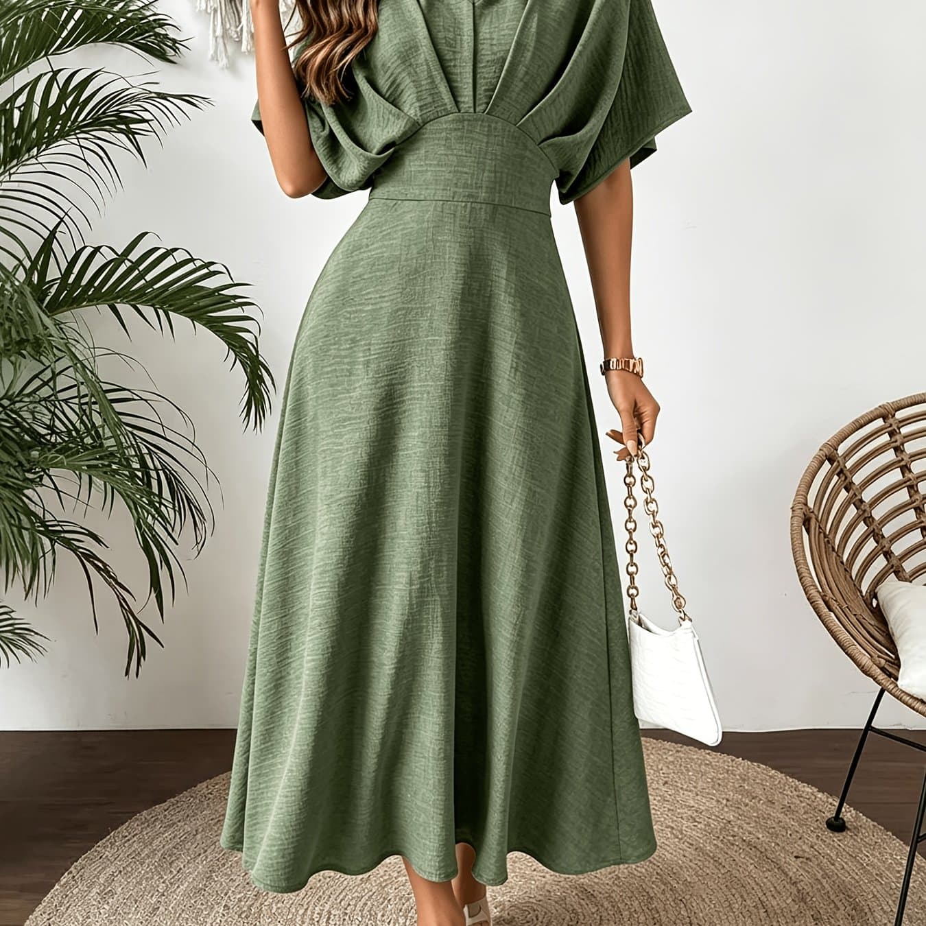 TEMU Spring Summer Development Vacation Elegant New European Trendy Solid Color Short Sleeve V-neck Women's Dress