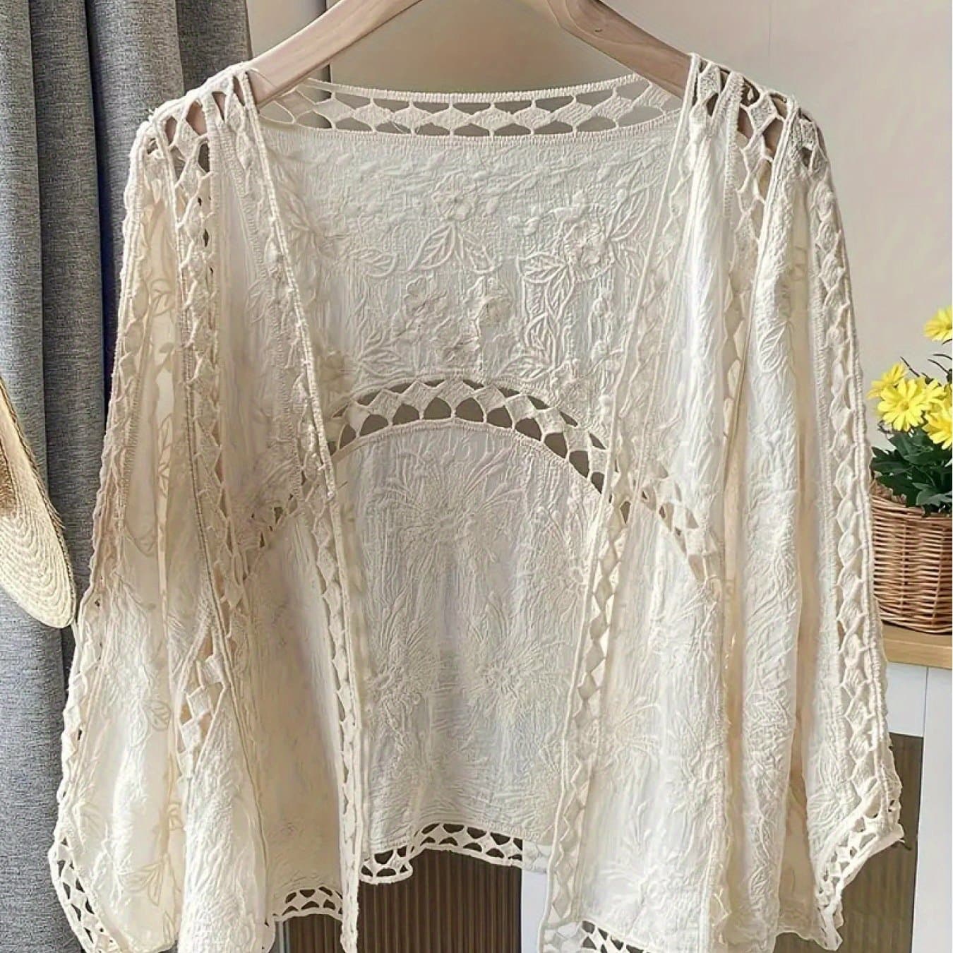 TEMU Hollow-out Lace Cardigan For Women, Summer Short Embroidered Sun-protection Cover-up, Bohemian Style Vacation Outerwear Shawl Top
