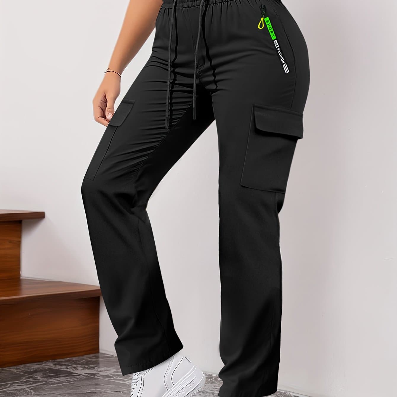 TEMU Women's Outdoor Sports Pants With Zippered Pockets, Elastic Waistband With Drawstring, Suitable For Climbing And Running