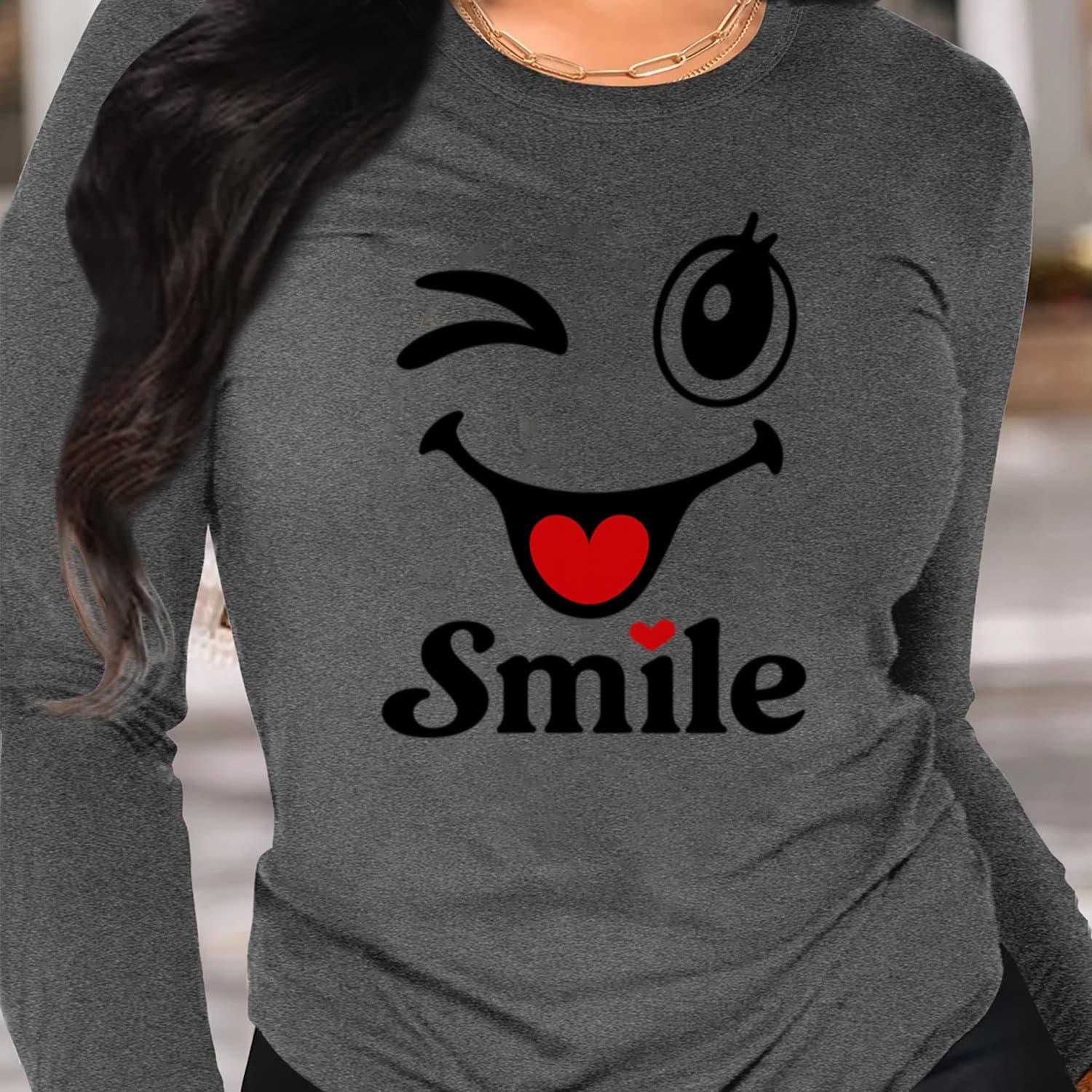 TEMU Milk Line 180g Long Sleeve T-shirt - Vibrant Face & Blinking Eye Graphic Print, Asymmetrical Hem, Crew Neck Casual Elegant Pullover For Spring Summer Fall, Machine Washable