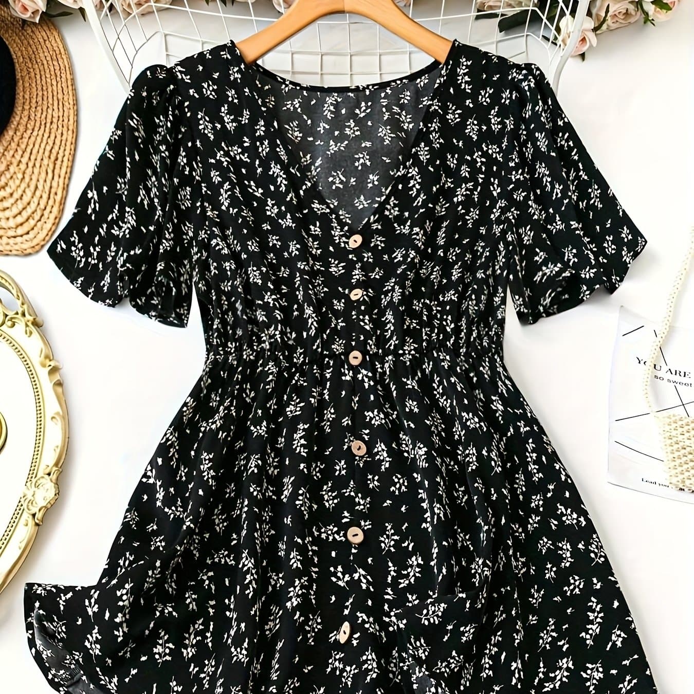 TEMU Plus Size, Plus Size Floral Bubble Sleeve Casual Vacation Shirt For Women, Easter Simple Bohemian Style Summer Top