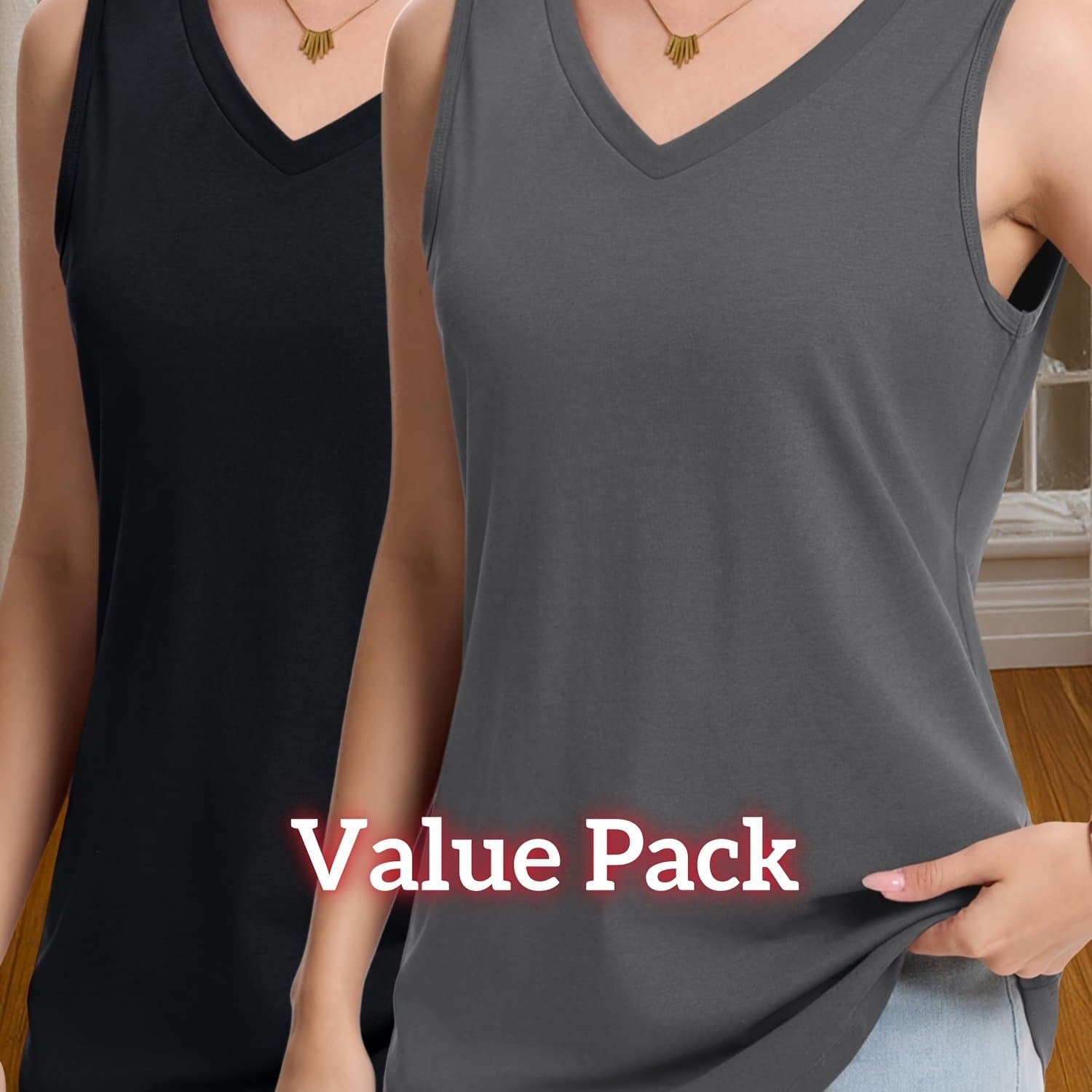 TEMU 2 Pack Women's V-neck Tank Tops For Summer Autumn And Spring, Daily Casual Tops - Loose Fit Sleeveless Shirt, Fashionable Summer Wear, , Stretchy Material, Beach And Holiday Vacation Outfits,