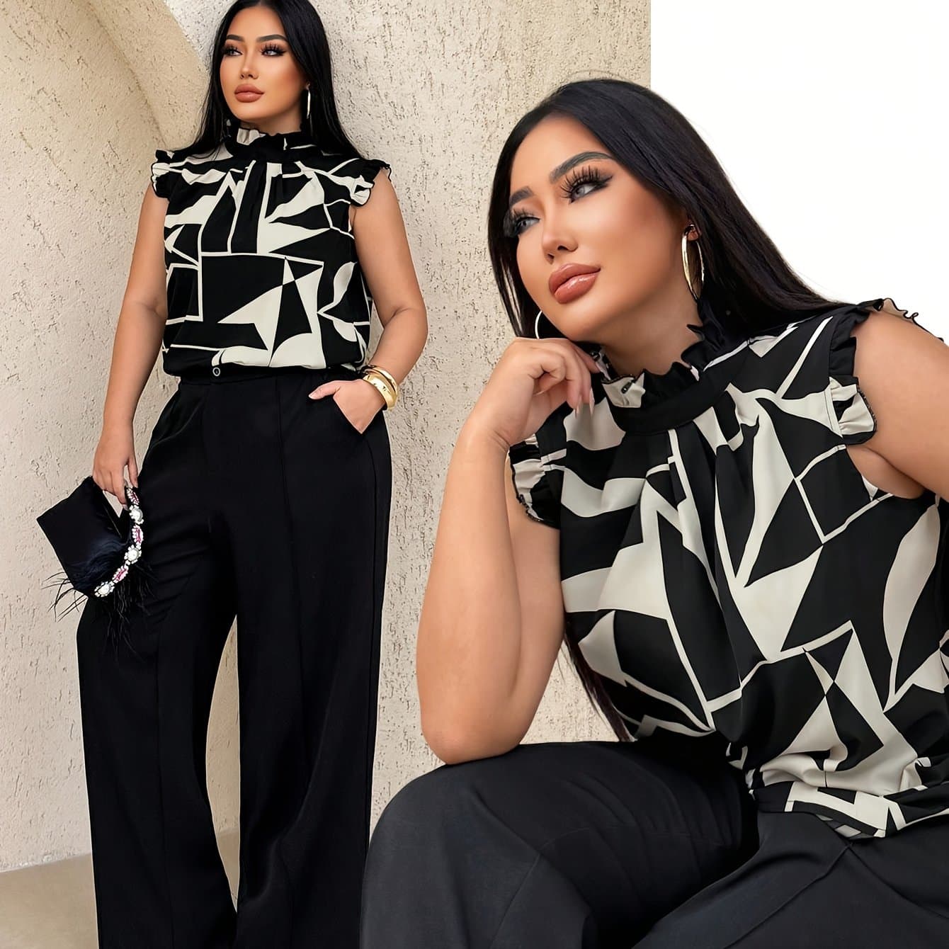 TEMU Plus Size - Plus Size - Plus Size Women's Clothing Women's Shirt Summer New Geometric Print Women's High Neck Short Sleeve Blouse Top