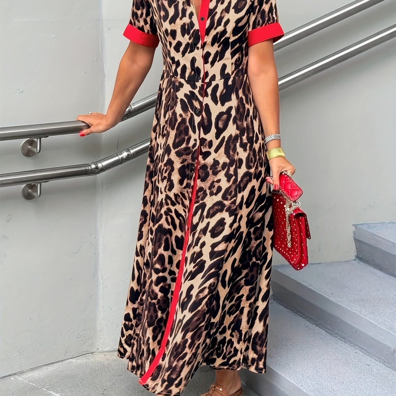 TEMU Spring And Summer Women's Dress Leopard Print Contrasting Color Short-sleeved Long Dress, Lapel Collar, Button Design, Dynamic Contrasting Color, Summer Dress For Women Vacation Dress