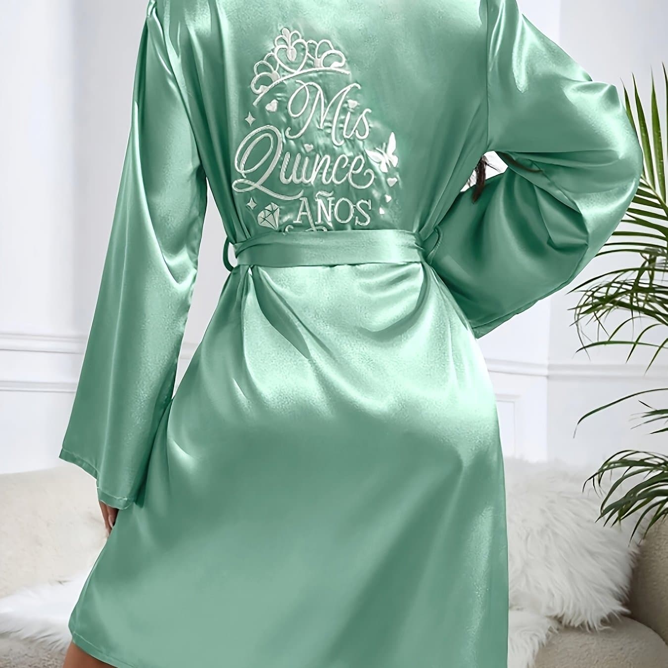 TEMU Women's Fashionable, Elegant, And Comfortable Solid Color Belted Embroidered Satin Pajama Robe Loungewear
