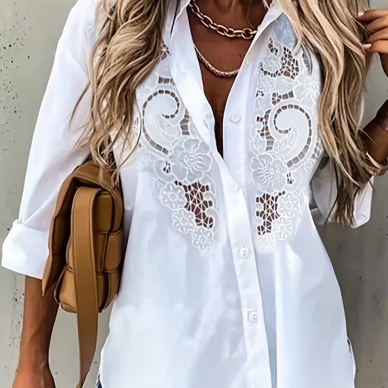 TEMU 2022 New Women' Color Lapel Cardigan Embroidered Cut-out Long Sleeve Blouse For European And American Cross-border Independent Sites