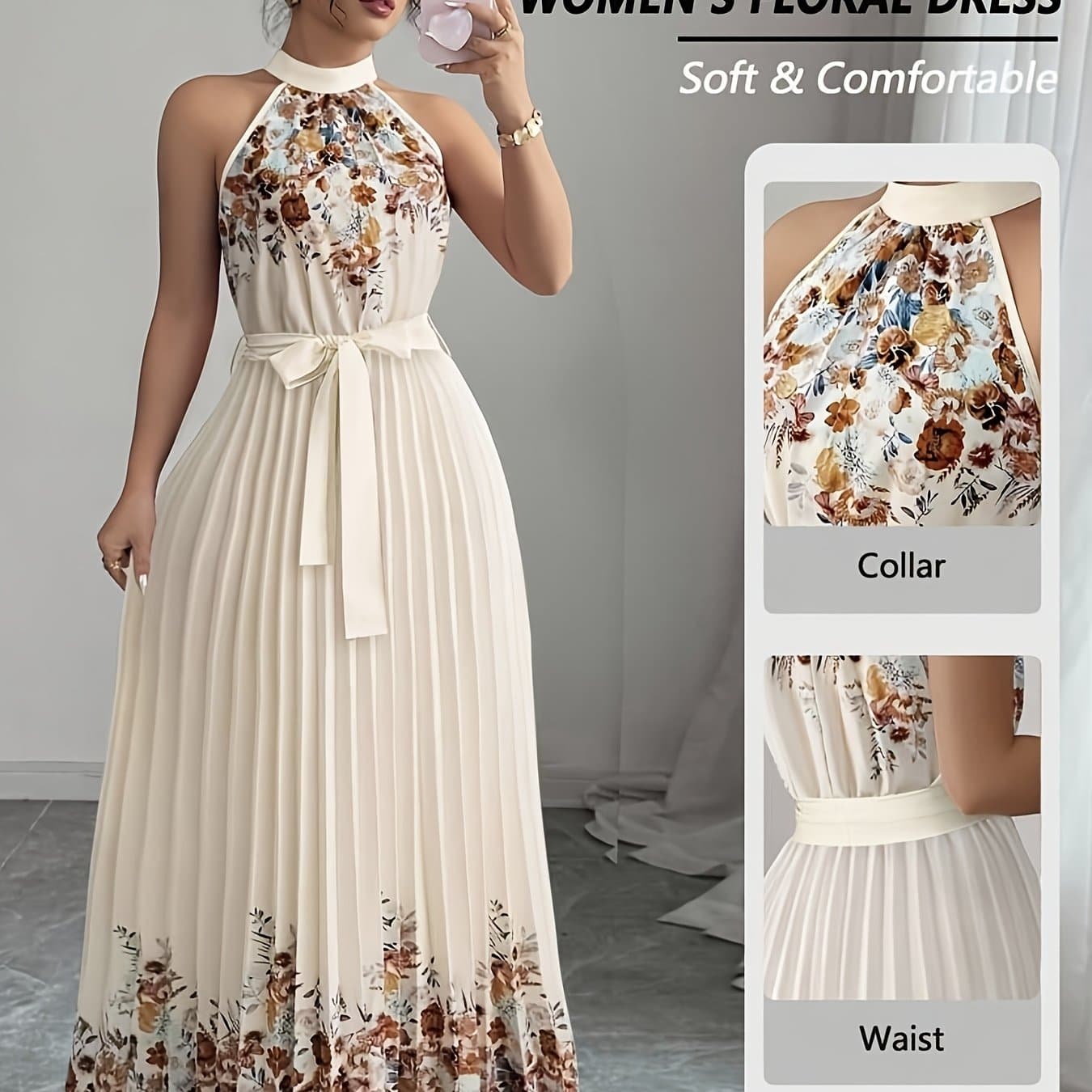 TEMU Women's Floral Print Pleated Flared Maxi Dress With Tie Waist, Wedding Evening Party Formal Gown, Date Vacation Dress