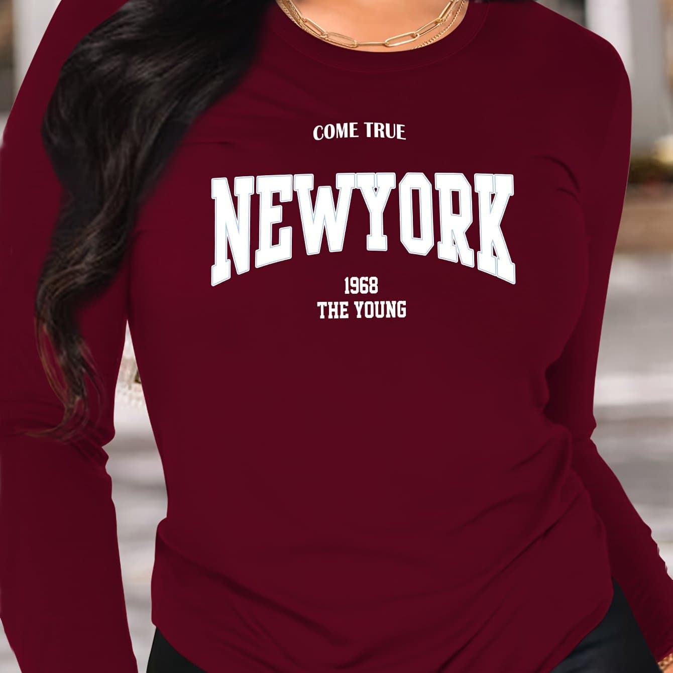 TEMU Women's Casual Long Sleeve Crew Neck T-shirt With Graphic Print, 100% Polyester Knit Fabric, Applique Detail, Top For Spring & Fall - 180gsm