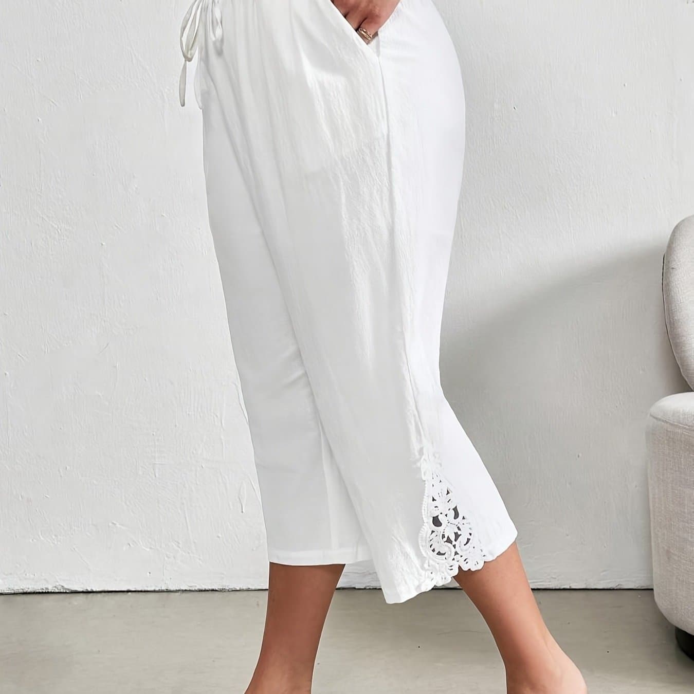 TEMU Plus Size, Women's Plus Size Elegant Series White Lace Trim Capri Pants - Elastic Waistband Casual Vacation Pants, Machine Washable, Daily