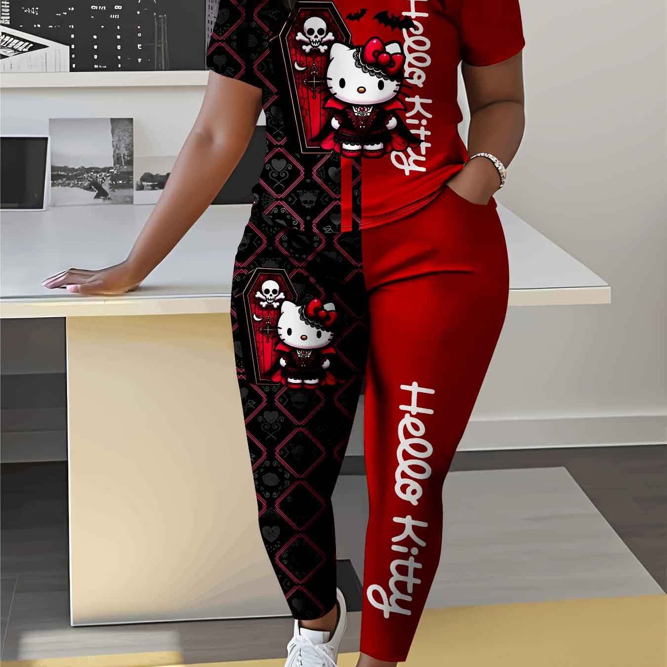 TEMU Hello Kitty Short Sleeve Long Pants Set | Red And Black Halloween Skull Print With Hello Kitty Text, Crew Neck, Pullover, Casual Wear And Party Outfits, Brand