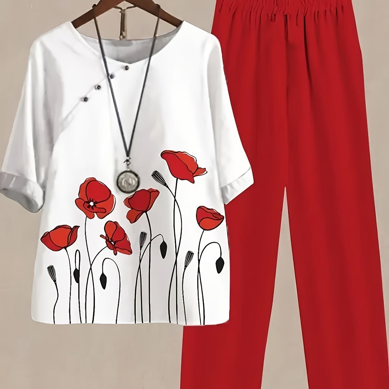 TEMU Women's Casual Floral Print Round Neck Top And Pants Set - Ideal For Spring/summer, Elegant Floral Outfit