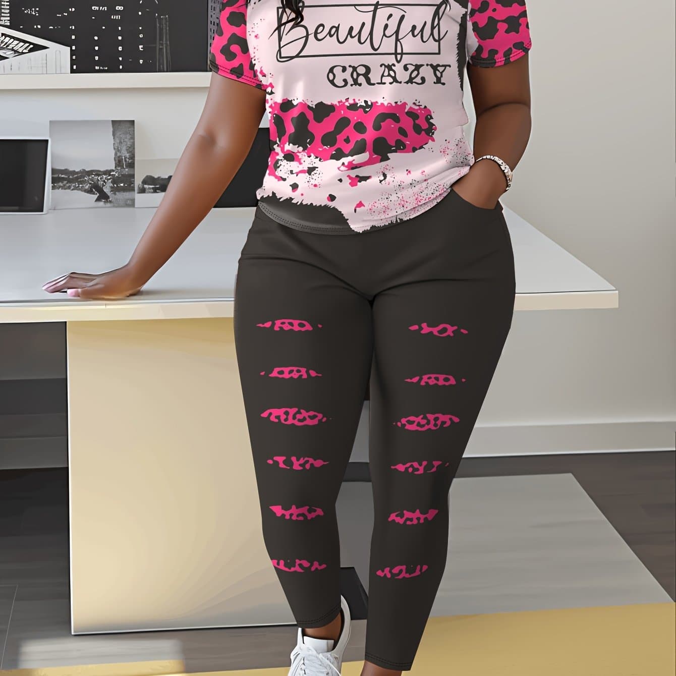 TEMU Plus Size - Plus Size - Leopard Print Outfit For Women, Featuring A Stylish Crazy Letter Design, Complete With Pants That Have Pockets