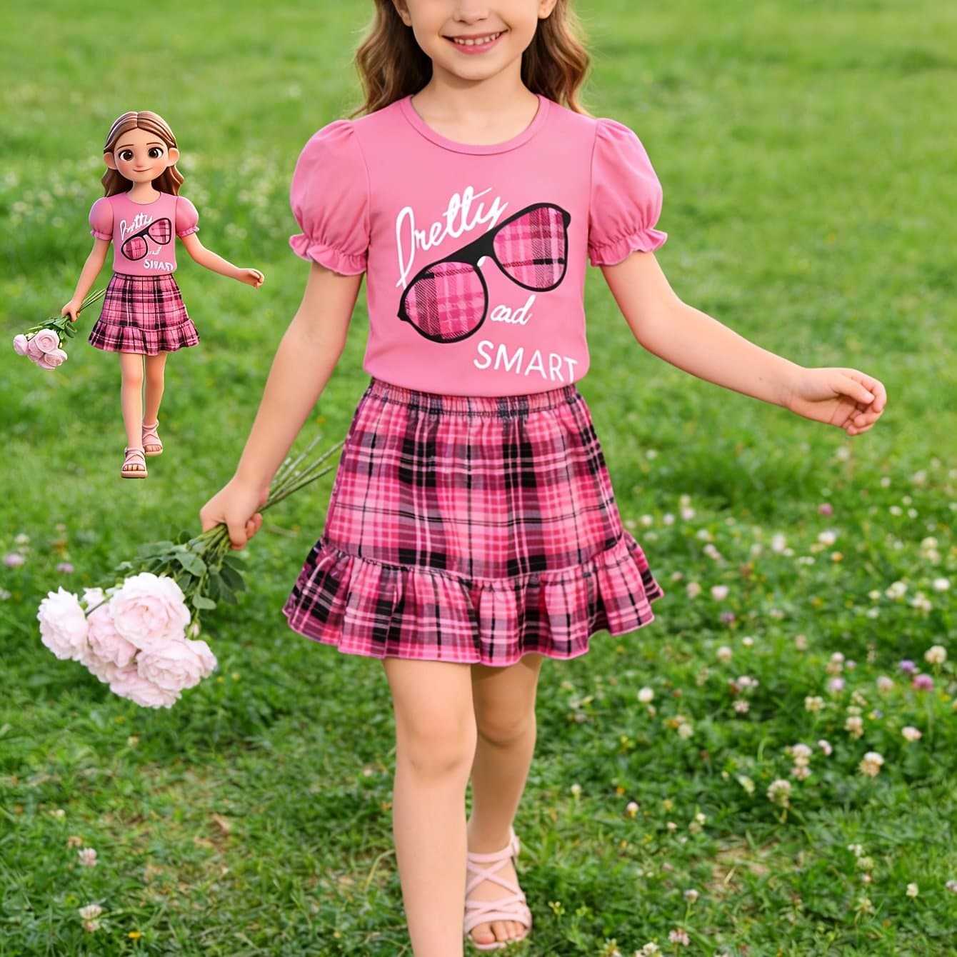 TEMU 2pcs Girls' "" Pattern Short Sleeve T-shirt And Skirt Set, Perfect For Summer Daily/party/vacation/outdoor