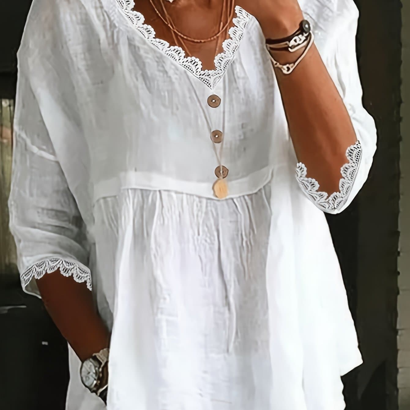 TEMU Style Women's Loose Contrast Lace V-neck Short Sleeve Summer Blouse
