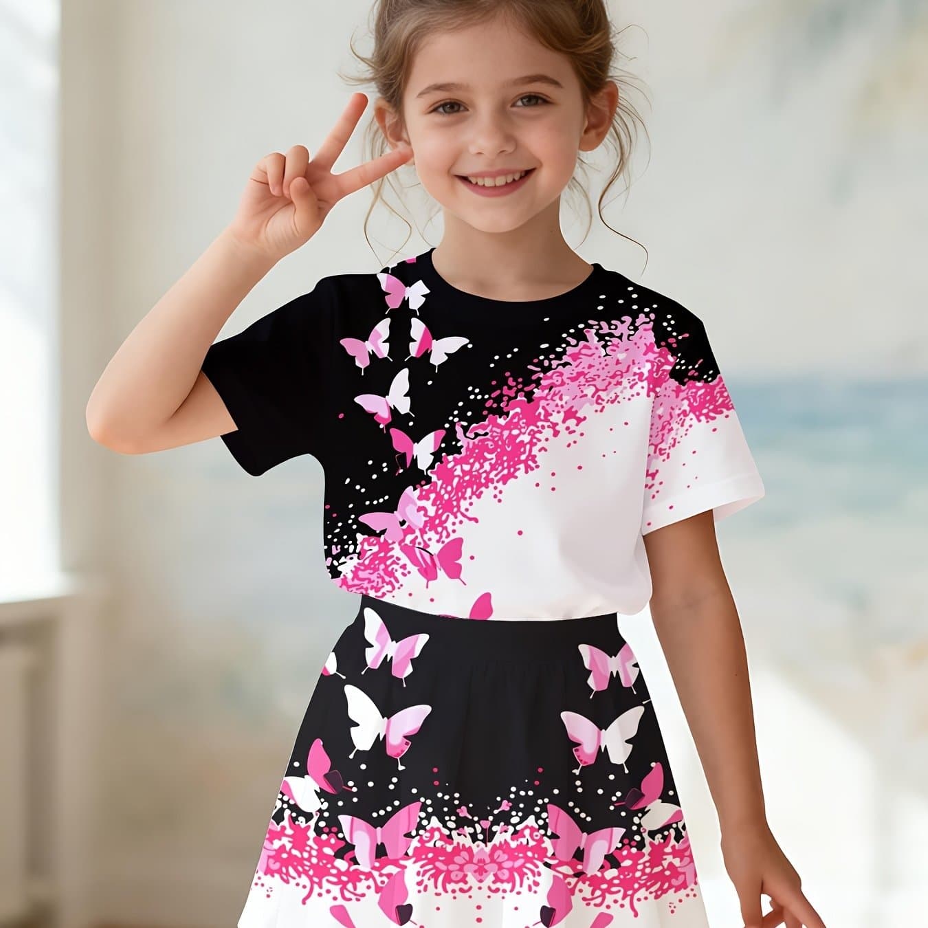 TEMU Cartoon Print Color Block Pattern Girls' Short Sleeve Top And Casual Skirt Set, 2pcs Summer Outfit For Leisure And Outdoor Activities Easter Holiday Gifts