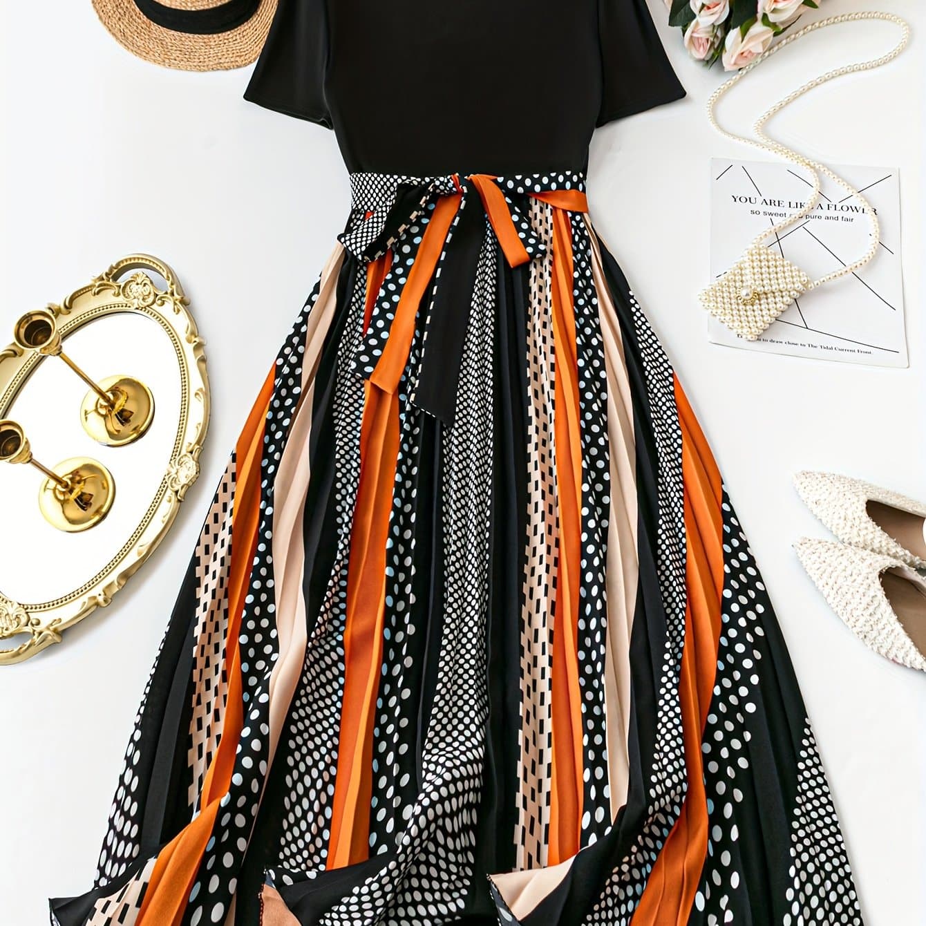 TEMU Plus Size, Developed Plus-size Polka Dot And Stripe Pleated Short-sleeve Dress