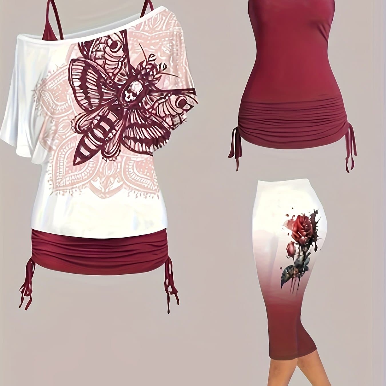 TEMU Plus Size - Plus Size - Summer Plus Size Burgundy Print Off-shoulder Top, Solid Cami And 3/4 Length Shorts Women's 3pcs Set